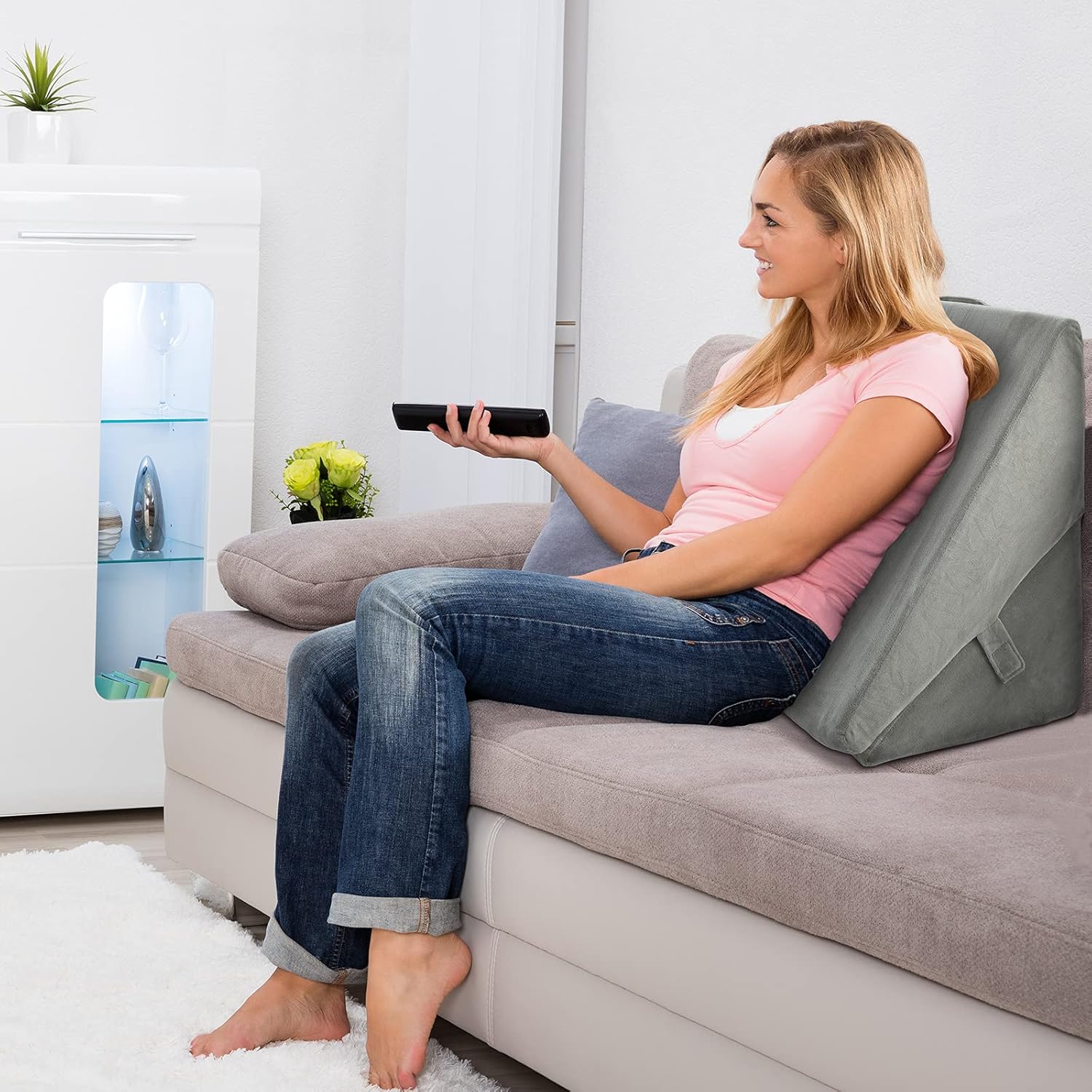 KOMFOTT Bed Wedge Rest Pillow for Sleeping - Triangular Adjustable Memory Foam Backrest Reading Pillow w/Removable Pillowcase Cover for Back Support Knees Legs Positioner, 14" Height, Gray Pillow