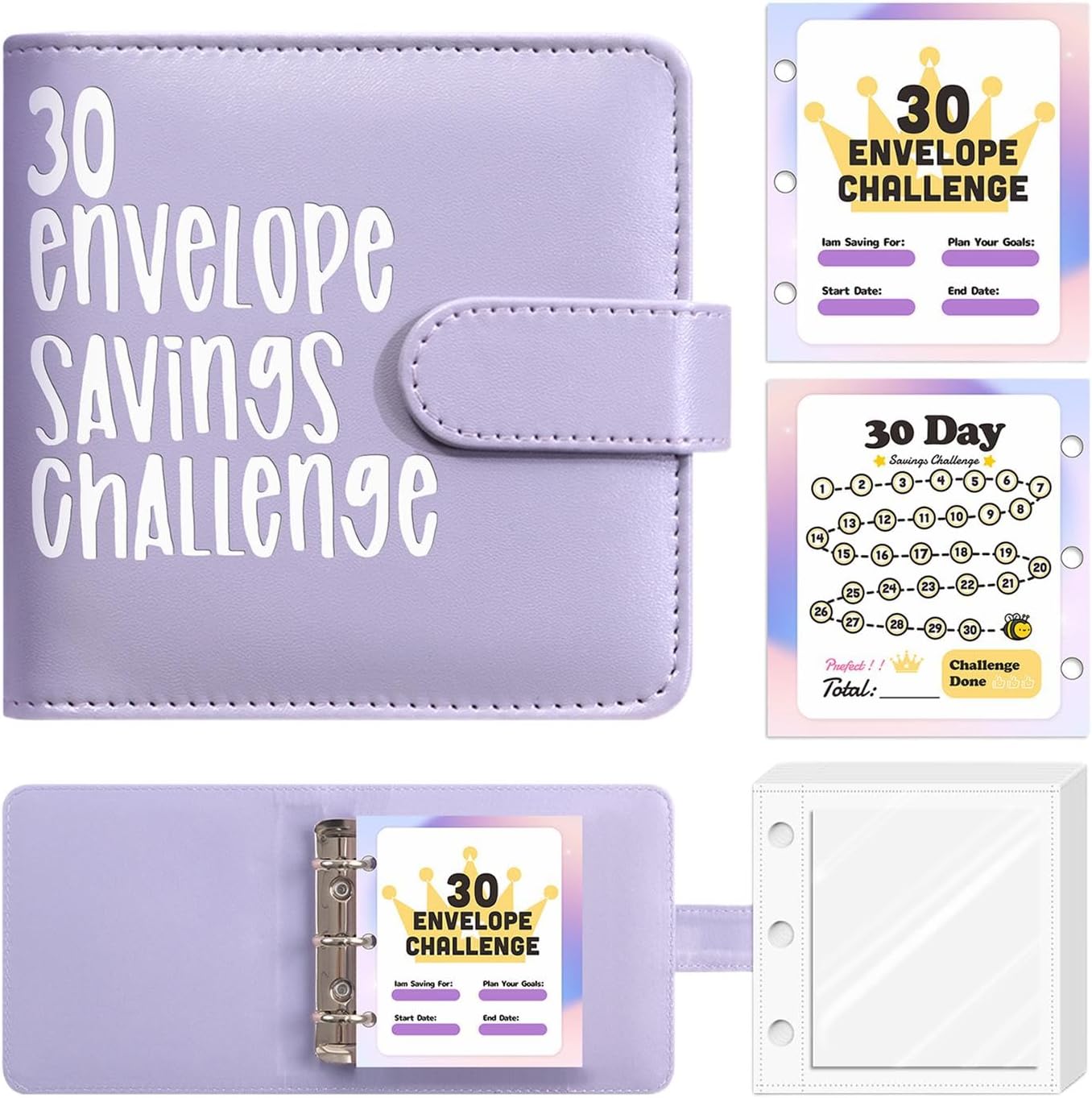 3 Pieces Money Binder For Cash Saving - 30 Envelope Challenge Binder | Envelope Binder Budget Book | PU Leather Money Organizer | Cash Envelope Savings Book For Work Area, Home, School, Travel, Trip