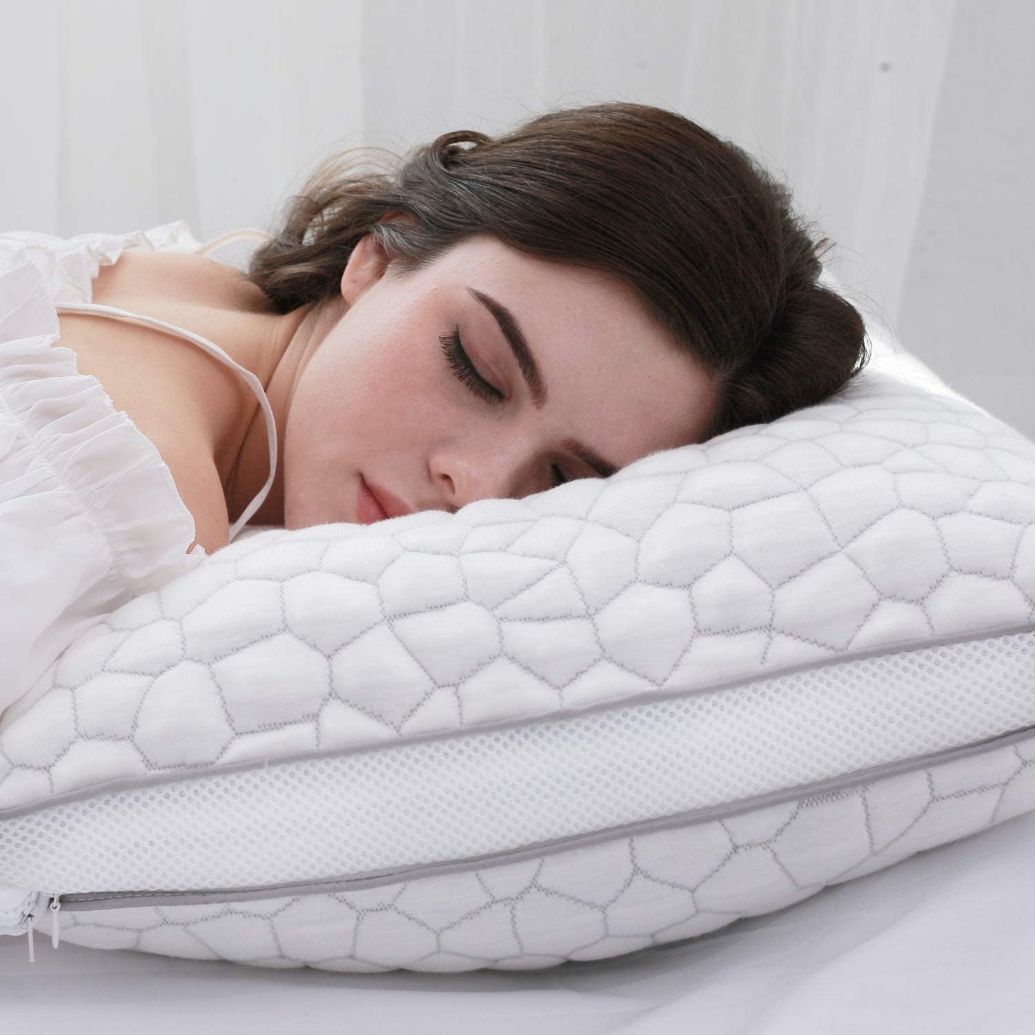 Shredded Memory Foam Pillows 2 Pack, Rayon Derived from Bamboo Pillow Queen Size Set of 2, Cooling Gel Pillows for Sleeping, Adjustable Pillow for Side Stomach and Back Sleepers with Washable Cover