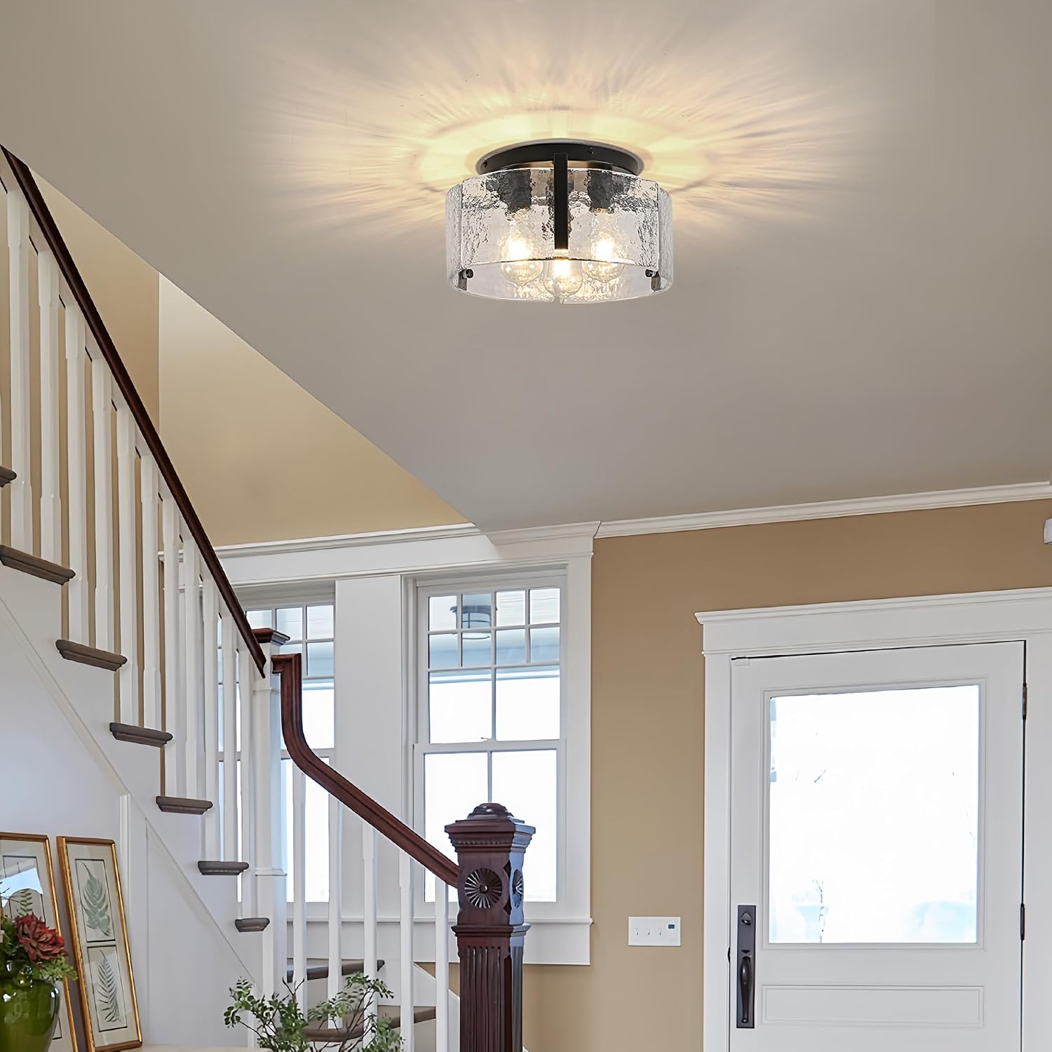 14.9 Inch Semi Flush Mount Ceiling Light Glass Ceiling Light Fixture 3-Light Kitchen Island Light Fixtures Black Modern Ceiling Light for Hallway, Bedroom, Laundry Room, Entryway, Bathroom