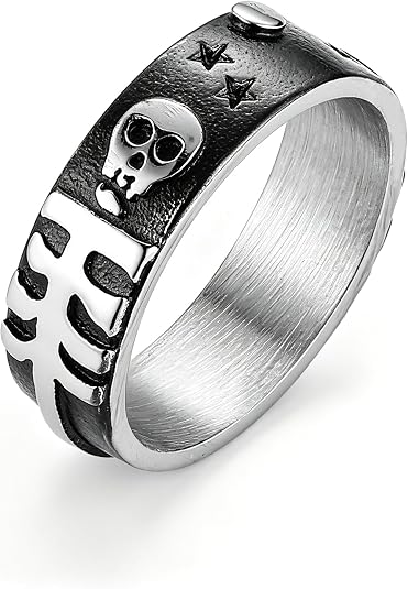 HZMAN Skull Cross Star Ring for Men Women, Stainless Steel Gothic Punk Statement Band, Silver & Gold Two-Tone Options, Sizes 7-13, Biker Rock Jewelry Gift