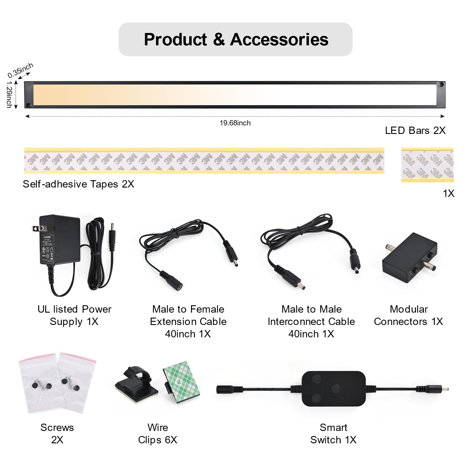 Paquete de 2 luces LED regulables de 20 pulgadas para debajo del gabinete, 2700 K a 6000 K, accesorio de iluminación LED inteligente para debajo del mostrador, compatible con Alexa, Google