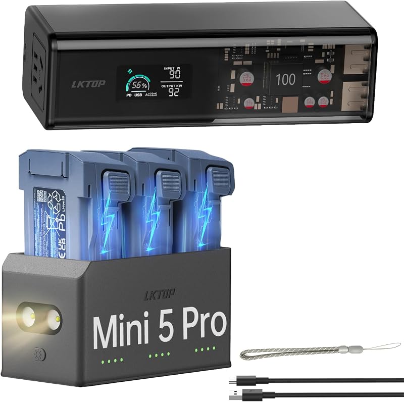100W Mini 5 Pro Parallel Charging Hub+Power Station for DJI Drones/Hub/Controller/Camera Accessories, 27000mAh Battery Charger Power Packs, USB-C/A AC Port, LCD Screen, LED Mode for Outdoor