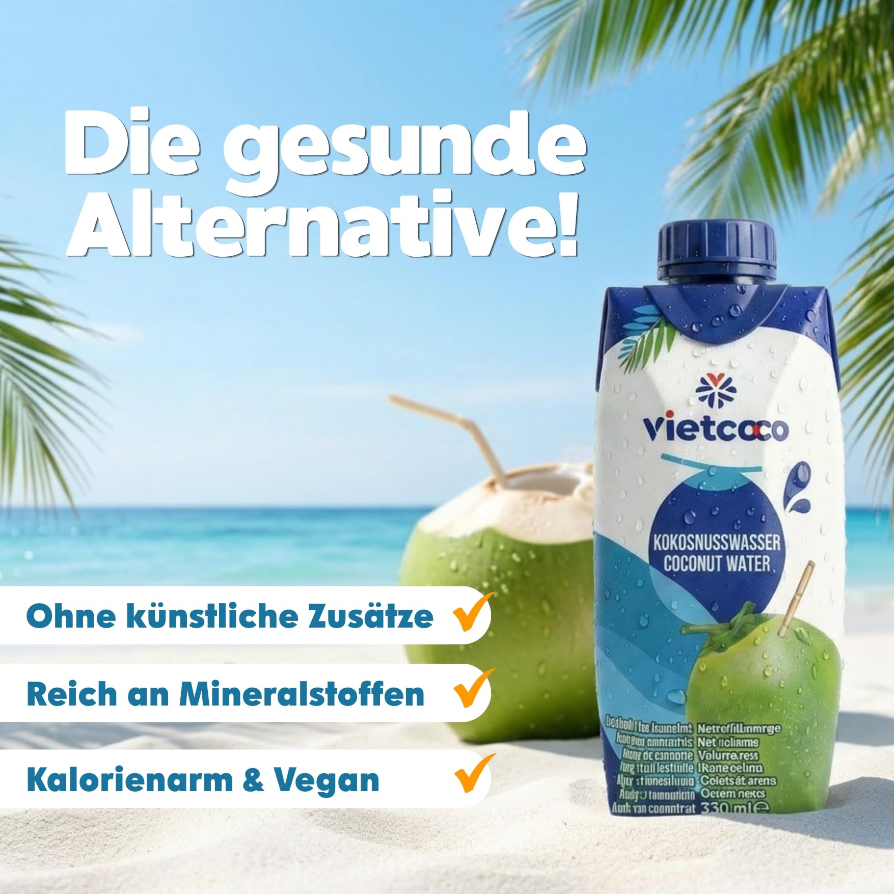 Vietcoco Kokoswasser 12 × 330 ml – 100% Pures Kokoswasser – ohne Zucker – Reich an Elektrolyten & Vitamin C – Erfrischend im Geschmack – Kalorienarm – Isotonisch & Lecker