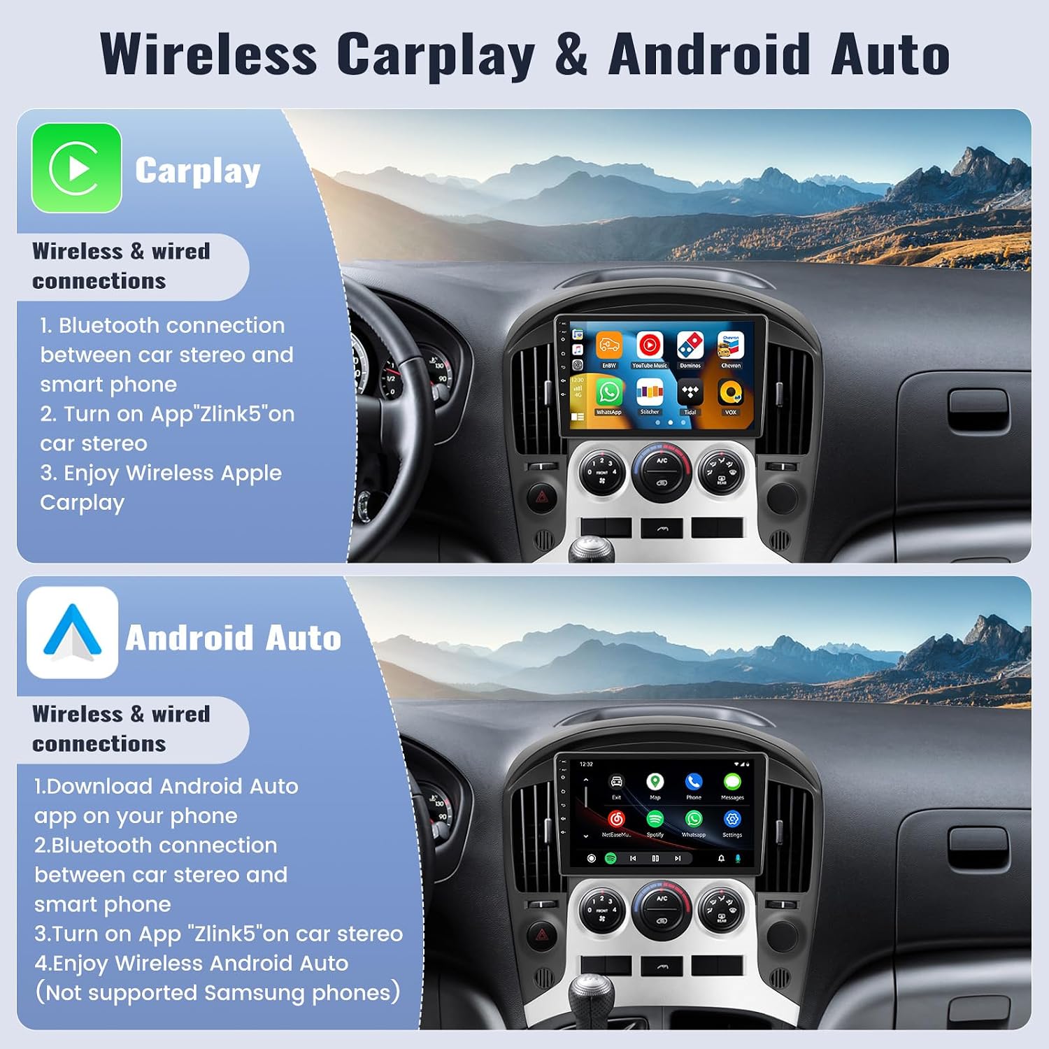 Instructions for connecting Wireless Apple CarPlay and Android Auto to the car stereo.