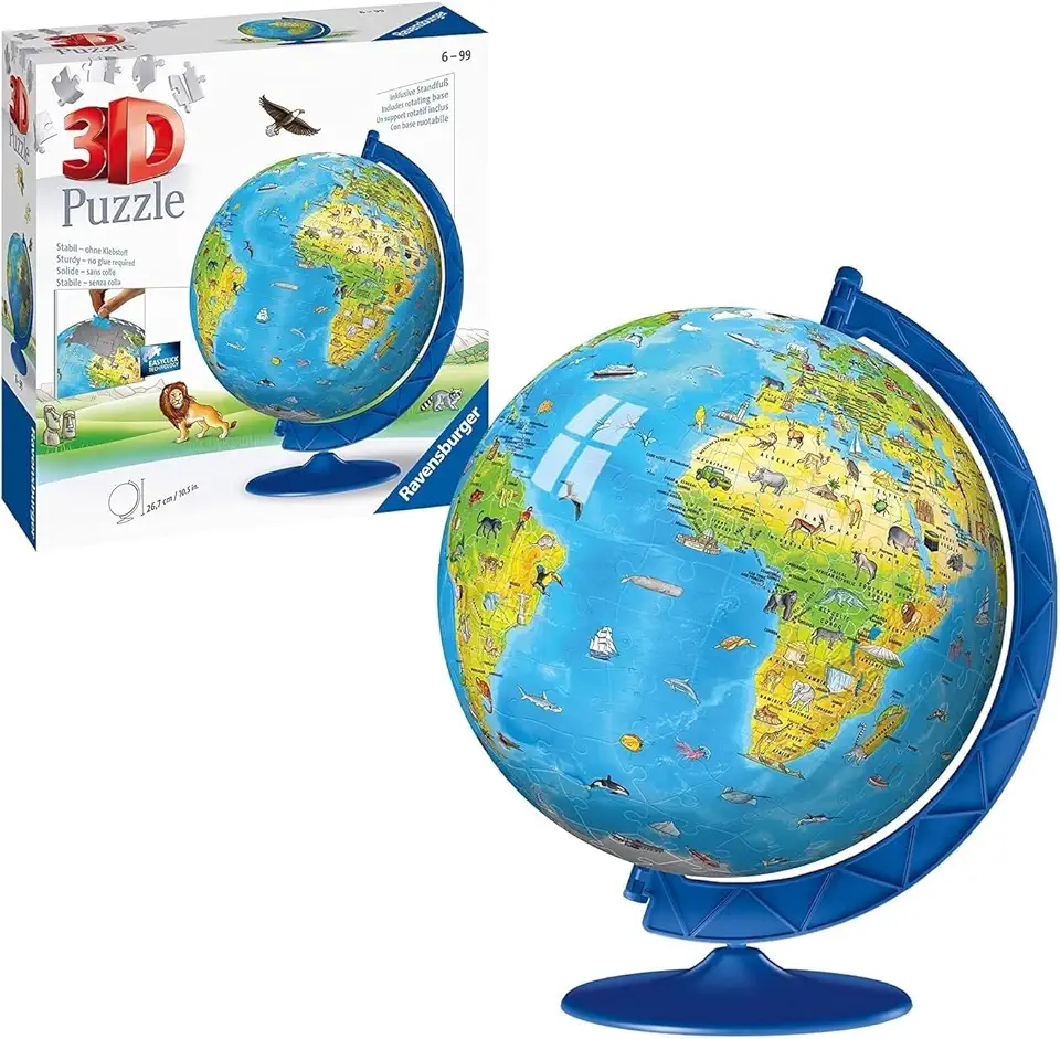 Ravensburger Children's World Globe 180 Piece 3D Jigsaw Puzzle | Easy Click Technology | Displayable Art | Perfect for Kids and Adults | 10.5 in Diameter