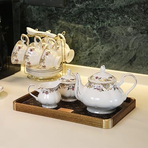 Miniatura 2 de ACMLIFE Bone China - Juego de té de porcelana con bandeja, juego de té de porcelana de 21 piezas con tetera, azucarero, jarra de crema, juegos de