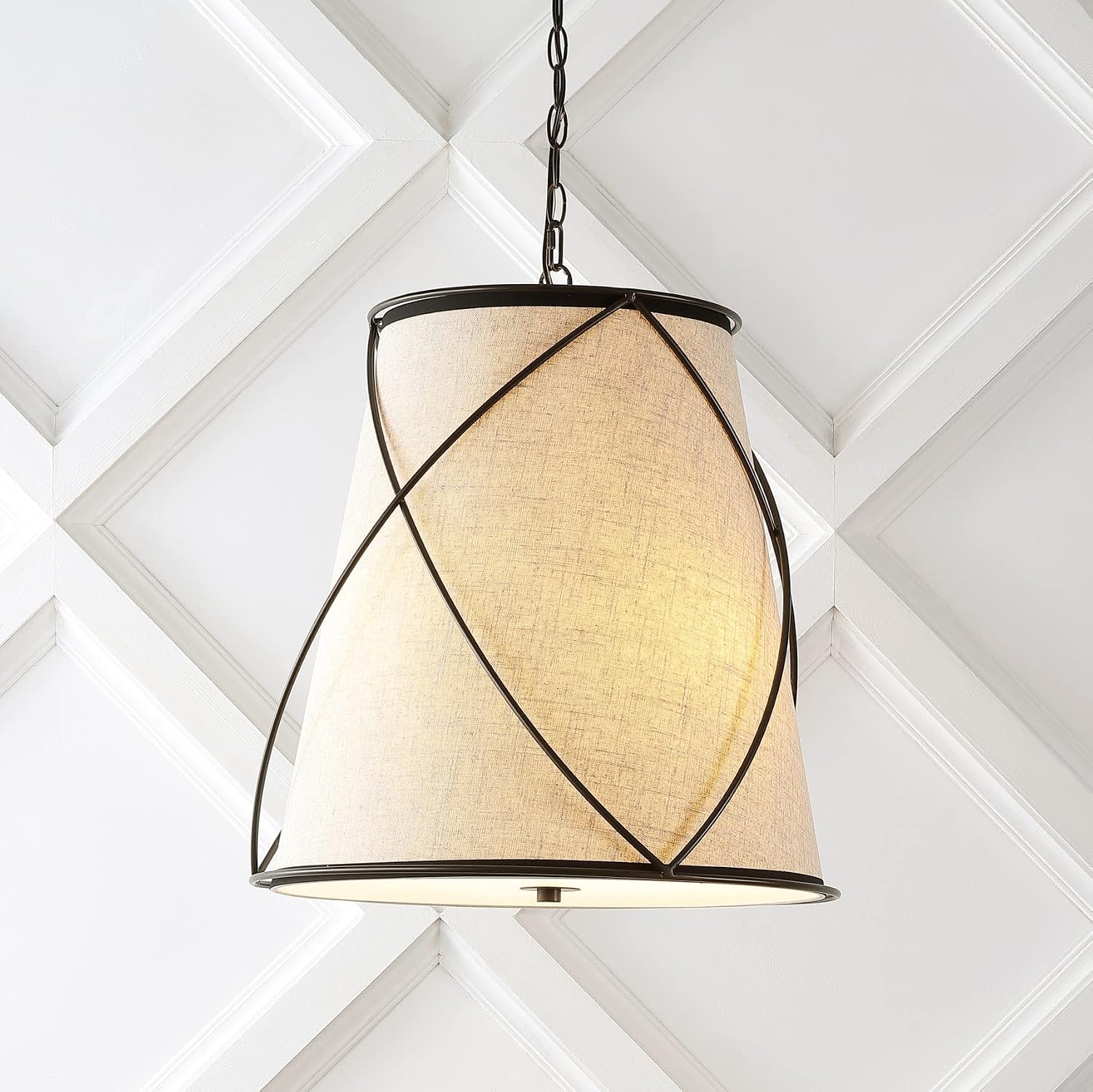 JONATHAN Y 19" Oil Rubbed Bronze 3-Light Iron Pendant Light, Rustic Farmhouse Adjustable Height Fixture for Kitchen Island Dining Room, Linen Shade, LED Bulbs Included JYL1315A