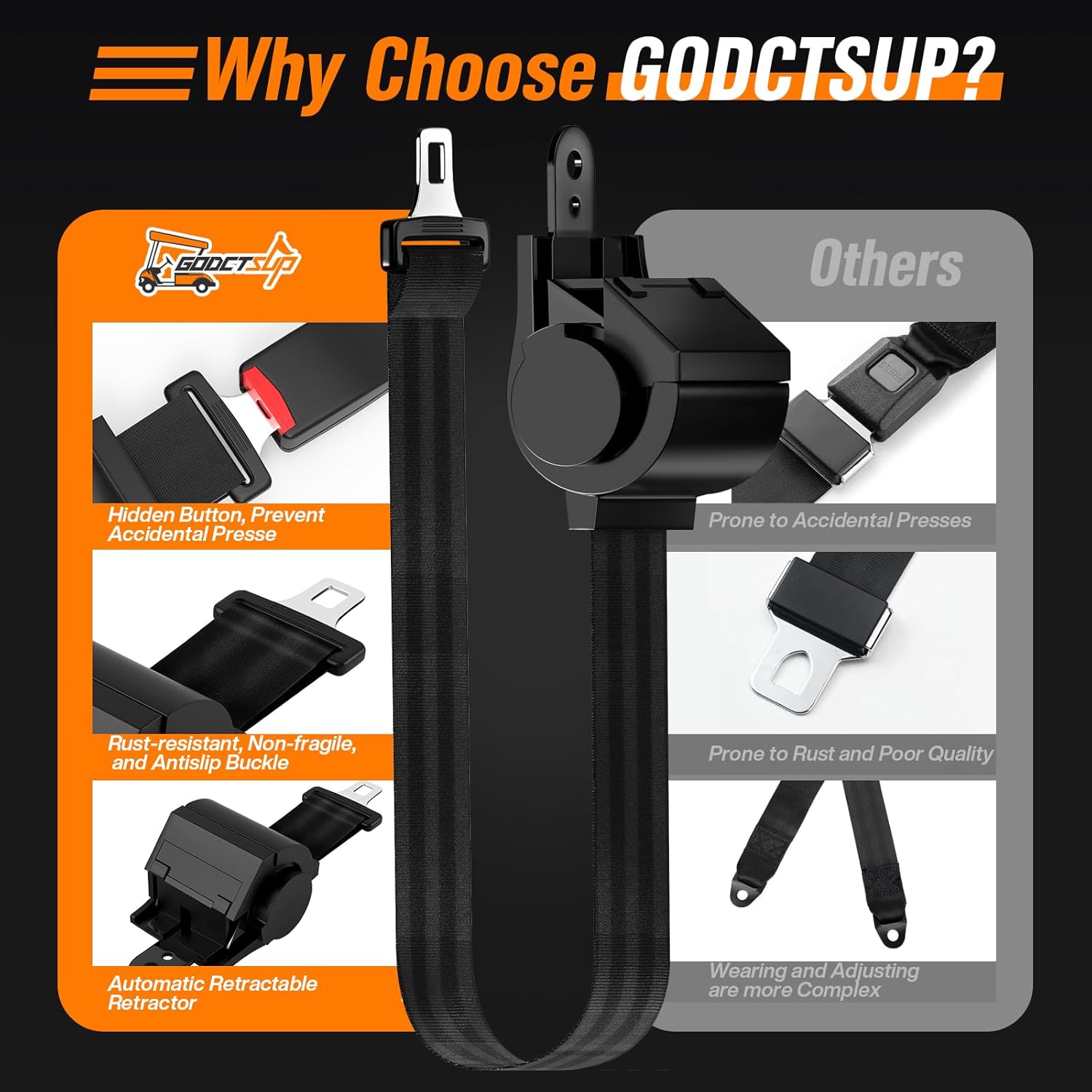 4PCS Golf Cart Seat Belts Kit for Club Car, EZGO, Yamaha Carts, 42" Retractable Universal Seat Belts Kit for Most People, Street Legal Seat Belt Golf Carts Front&Rear Seat (Without Bracket)