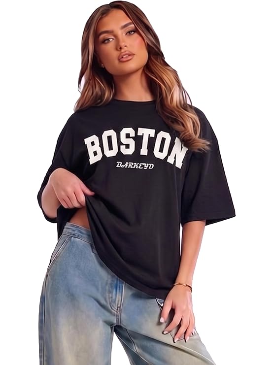BARKEYO Womens Half Sleeve Oversized Round Neck Cottonblend T-Shirts for Woman (Boston-FT) Black