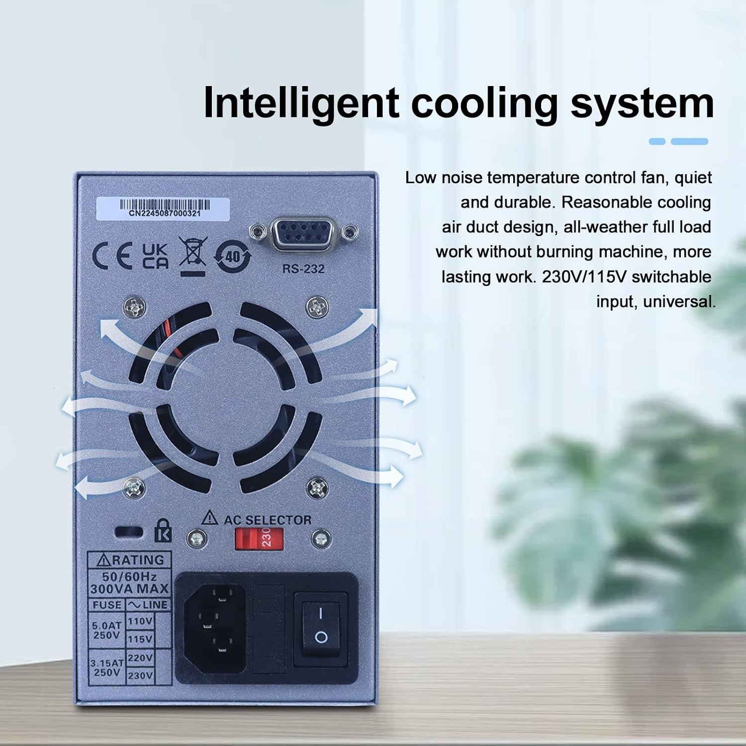 Позади view of Hantek HDP180V8S showing fan, input, and RS-232 port