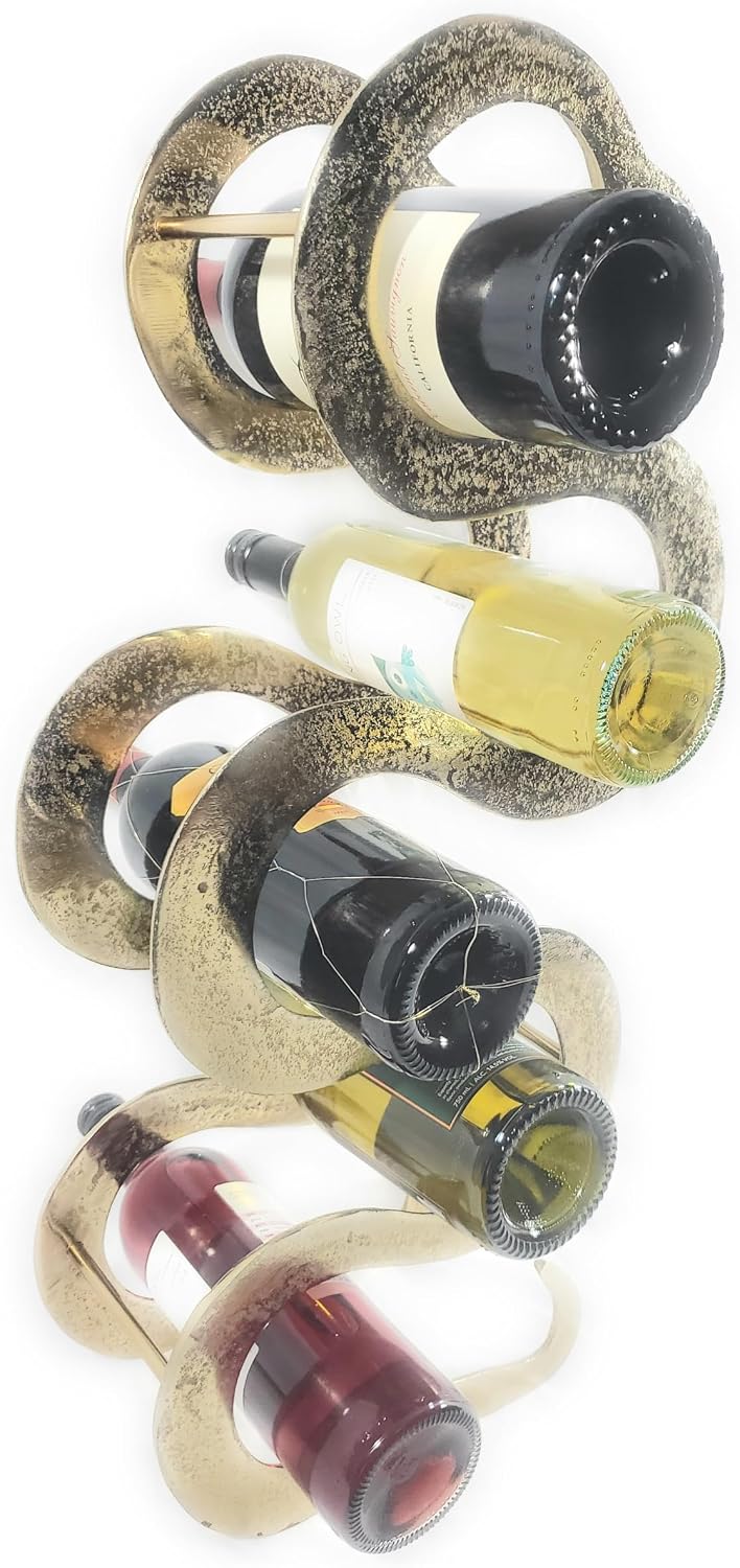 Wine Bottle Rack - Table Top - Golden Snake - Scuplture House Decoration - Forged Hand Made - Aluminum - 5 Wine Bottle Rack Holder