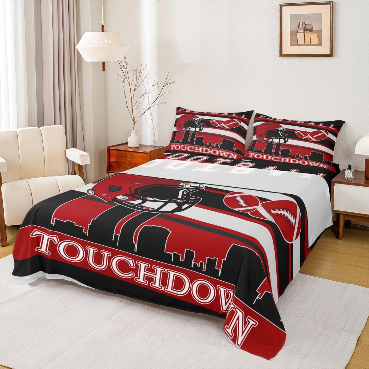 Castle Fairy Soccer Fans Fitted Sheet Set with 2 Pillowcases,American Football Rugby Team Bed Sheet Teens,Football Top Flat Sheet Luxury Microfiber,Queen Size