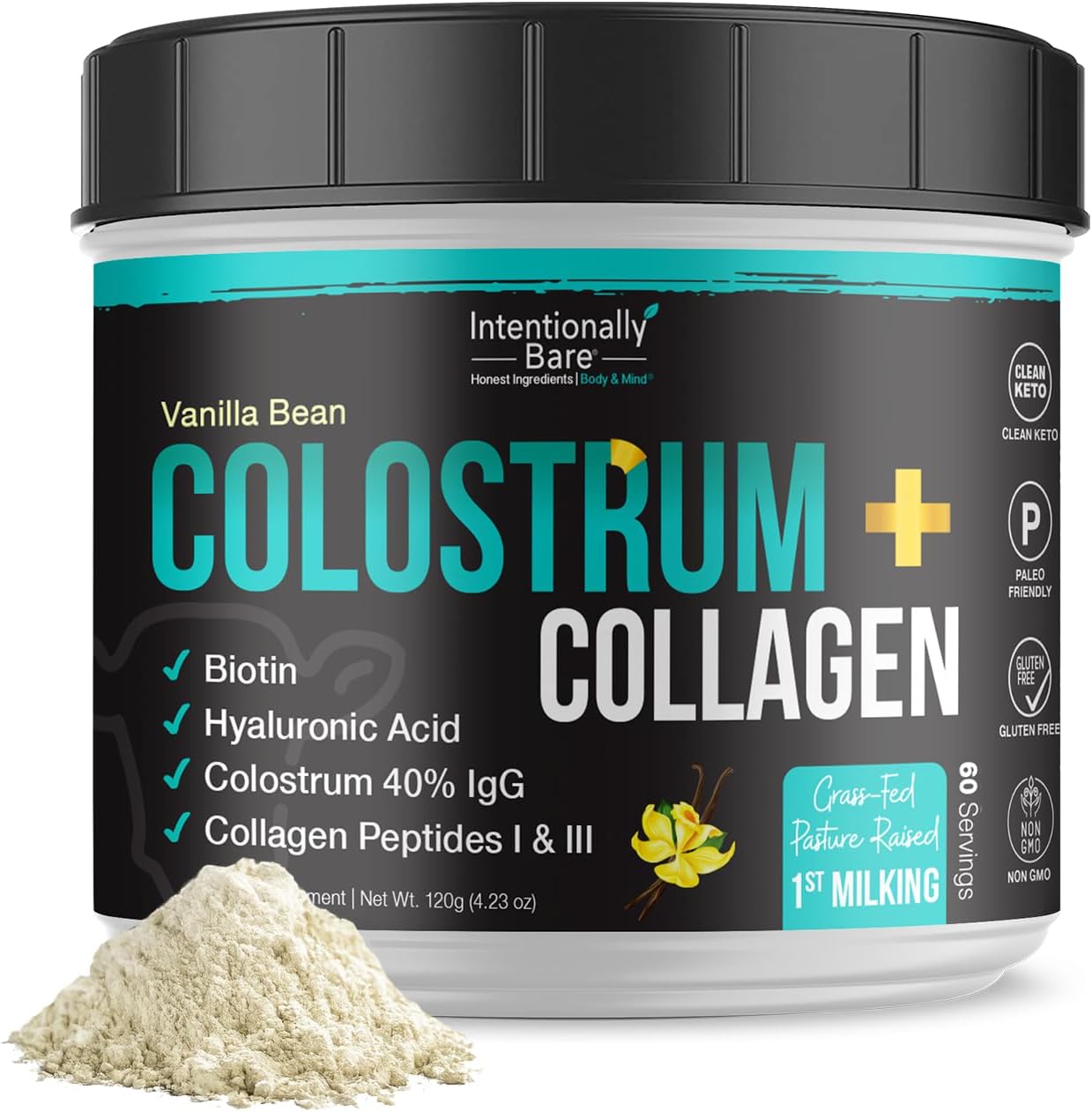 Intentionally Bare Colostrum and Collagen Powder - Bovine Colostrum Powder for Gut Health, Immunity, Hair, Skin & Nails - Vanilla Bean Collagen Supplement with Biotin & Hyaluronic Acid - 60 Servings