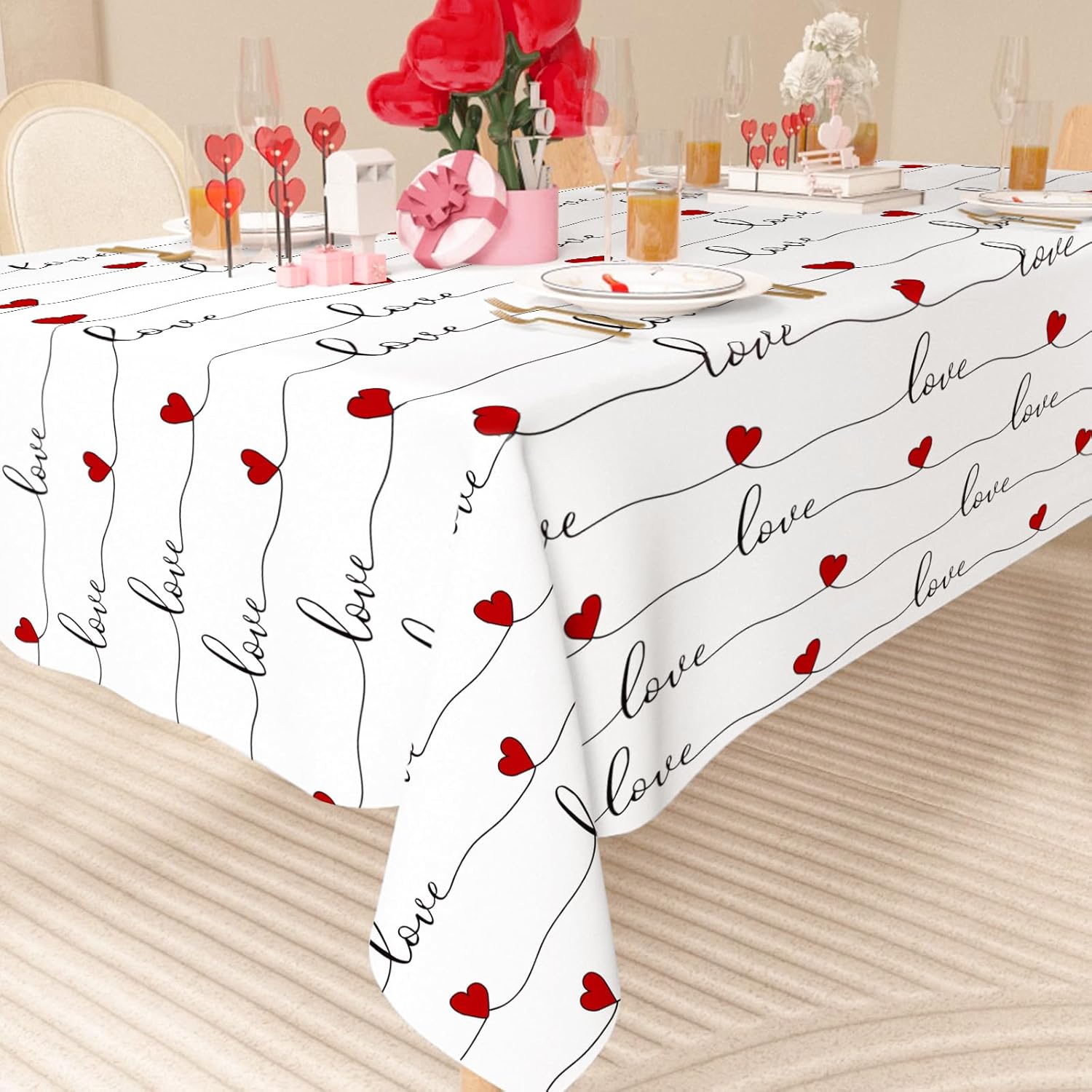 Valentine Rectangle Tablecloth Love Hearts Fabric Table Cloth Washable Table Cover for Wedding Anniversary, 60 x 104 Inch