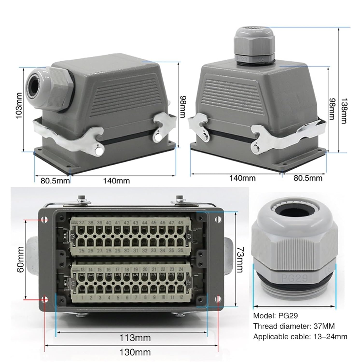 HDC-HE-048 Rectangular Heavy Duty Connector 48 Pins Aviation Interface Top Line and Side 16A 500V 1Pcs(Top line)