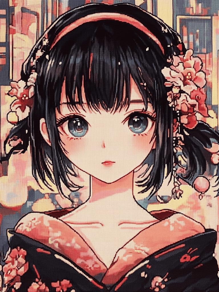11CT Stamped Cross Stitch Kits - Fun DIY Embroidery Needlepoint Kits for Beginners Adults,Creative Activities and Craft Gift,16x20 Inches - Japanese Anime Girl