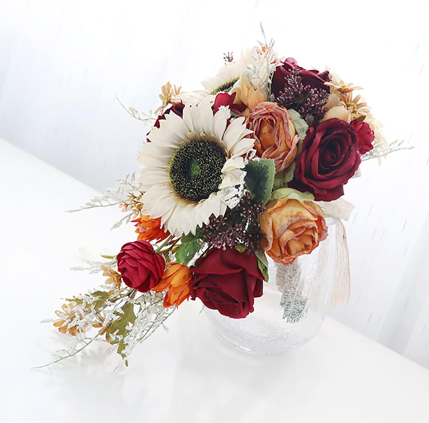 Emivery Cascading Vintage Sunflower Bouquet, Artificial Sunflower and Burgundy Rose Bouquet for Bride Teardrop Bridal Bouquet for Wedding Ceremony Party Church Decor