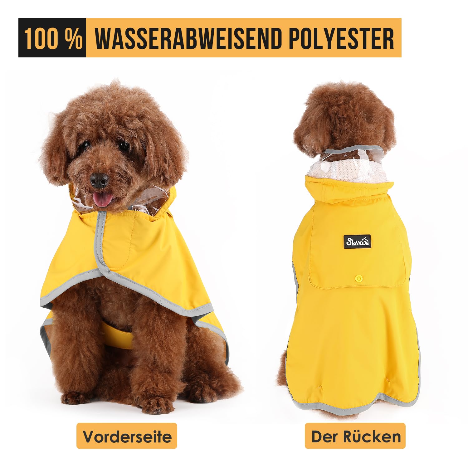 Eyein Wasserdichter Hunderegenmantel, Regenmantel für Große Hunde mit Kapuze und weichem Futter, Verstellbare Hunderegenjacke mit reflektierenden Streifen, Winddicht und leicht, Gelb, XXXL