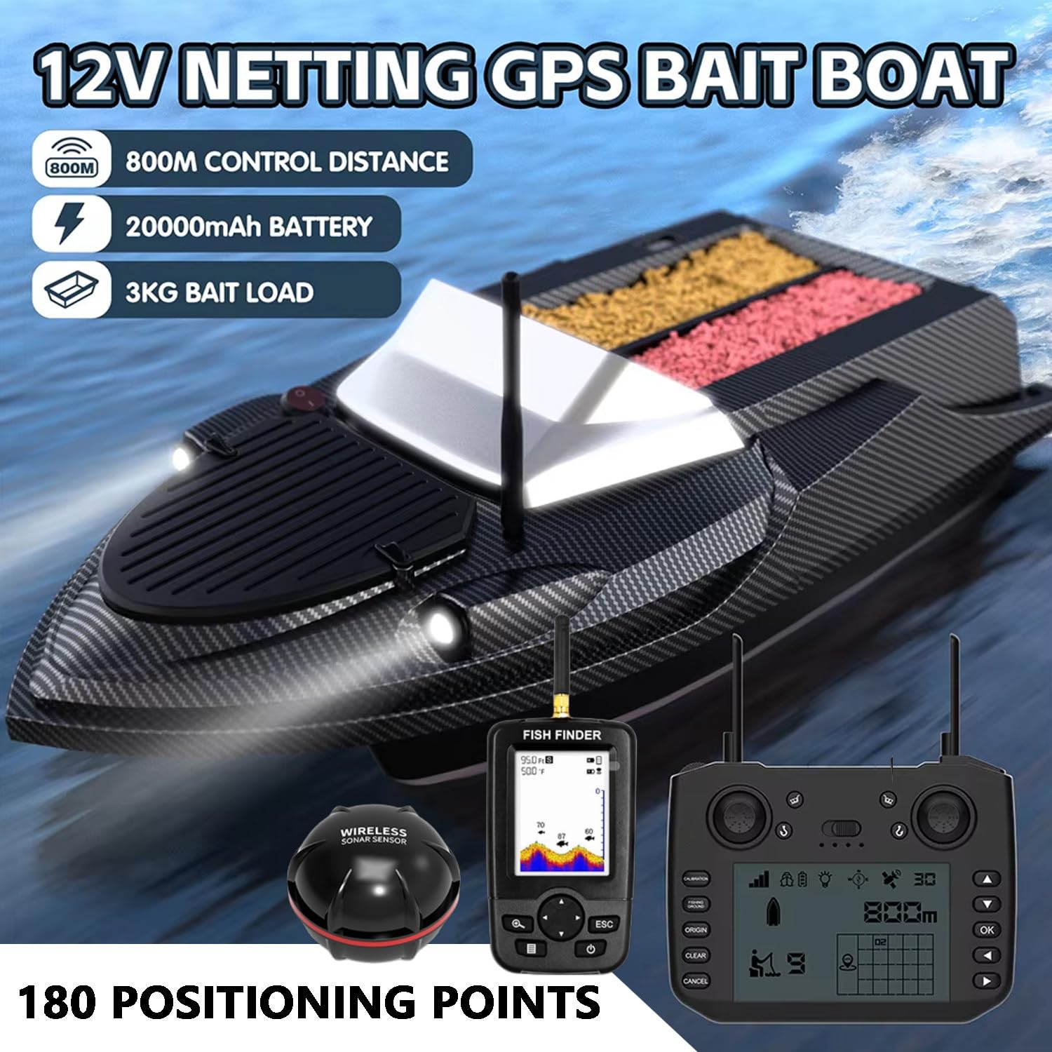 Barco Cebador GPS con Sonda de Pesca, Barco de Cebo de Pesca, 180 Puntos, Control Remoto Inteligente 800m, Doble Tolva 3KG, Retorno Automático, Luces LED, Casco ABS