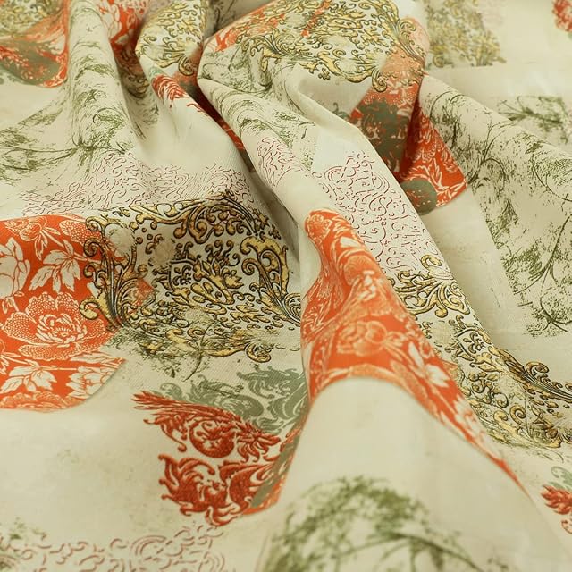 Modern Printed Velvet Orange Green Floral Patchwork Pattern Upholstery Fabric (10cm x 8cm Sample)