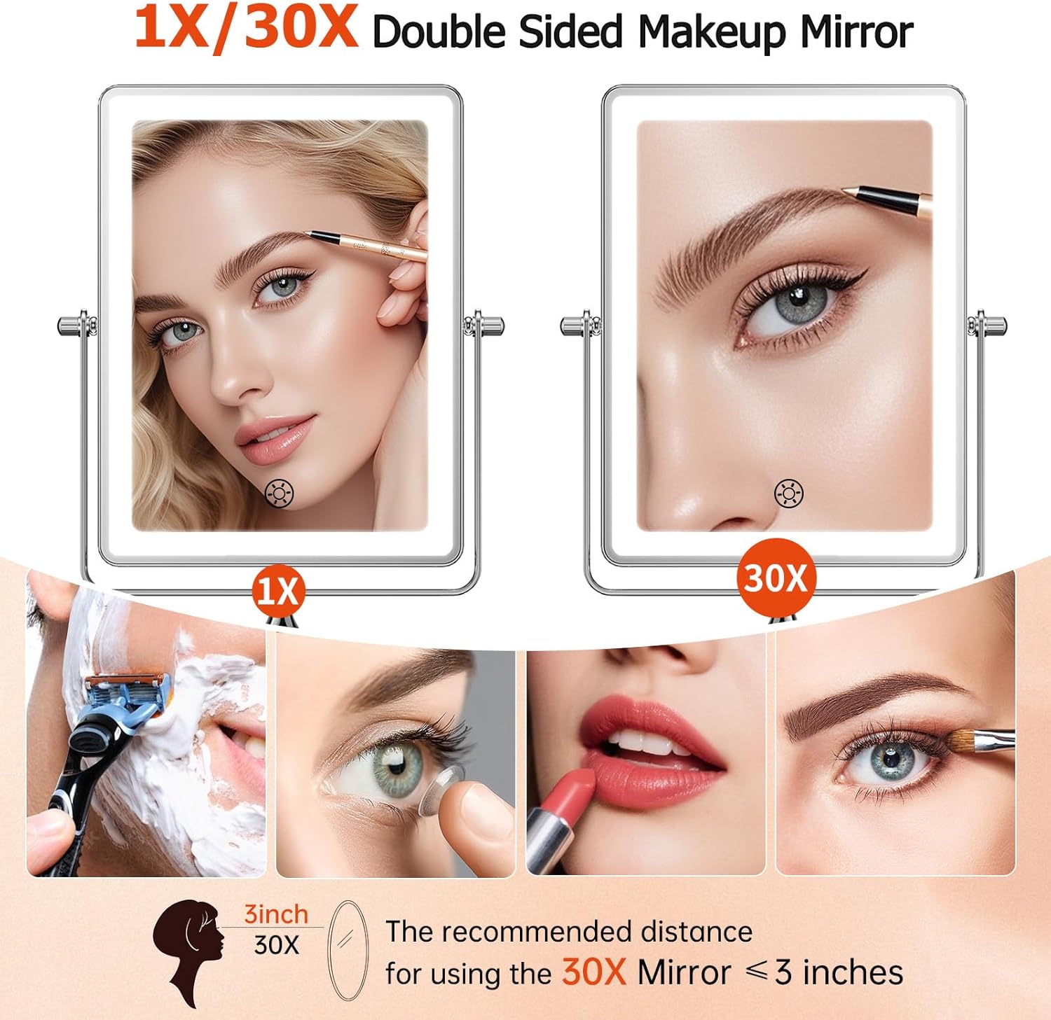 FUNTOUCH 5000mAh Rechargeable Wall Mounted Makeup Mirror with Lights, 8.7" Double Sided 1X/30X Magnifying Mirror with Dimmable 3 Color Light, Extended Swing Arm 360° Wall Mount Bathroom Vanity Mirror