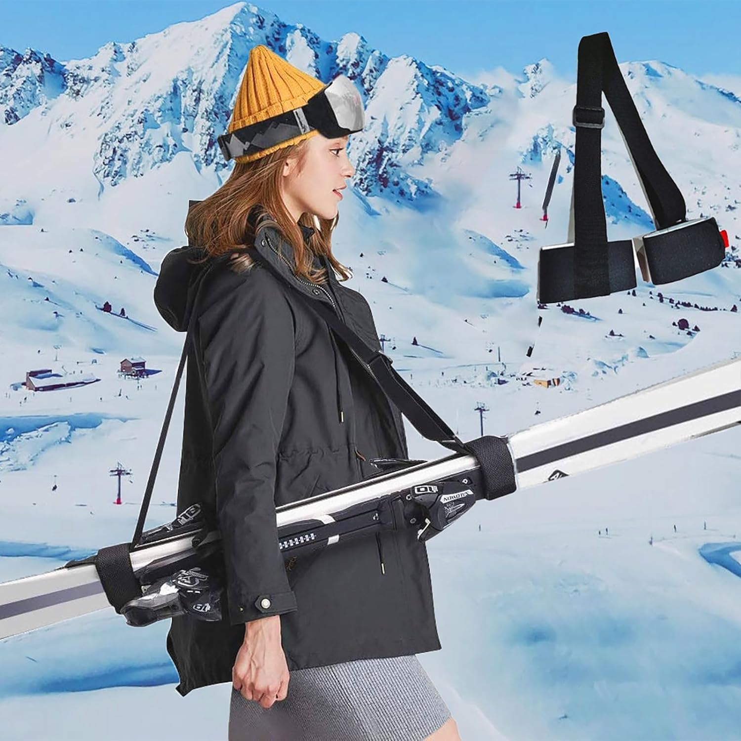 Skimate Lot de 4 sangles de transport ski et bâton, bandoulière réglable