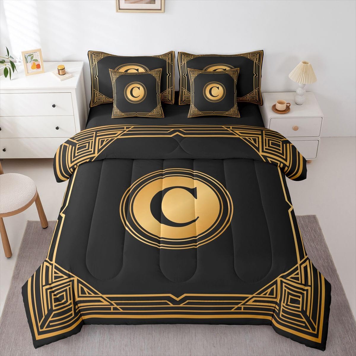 Erosebridal Geometric 7 Piece Bedding Set King Letter J Comforter Set with Sheets Men's Gift Simple Circular Bed in a Bag Lines Black Gold Alphabet for Teens Men Women