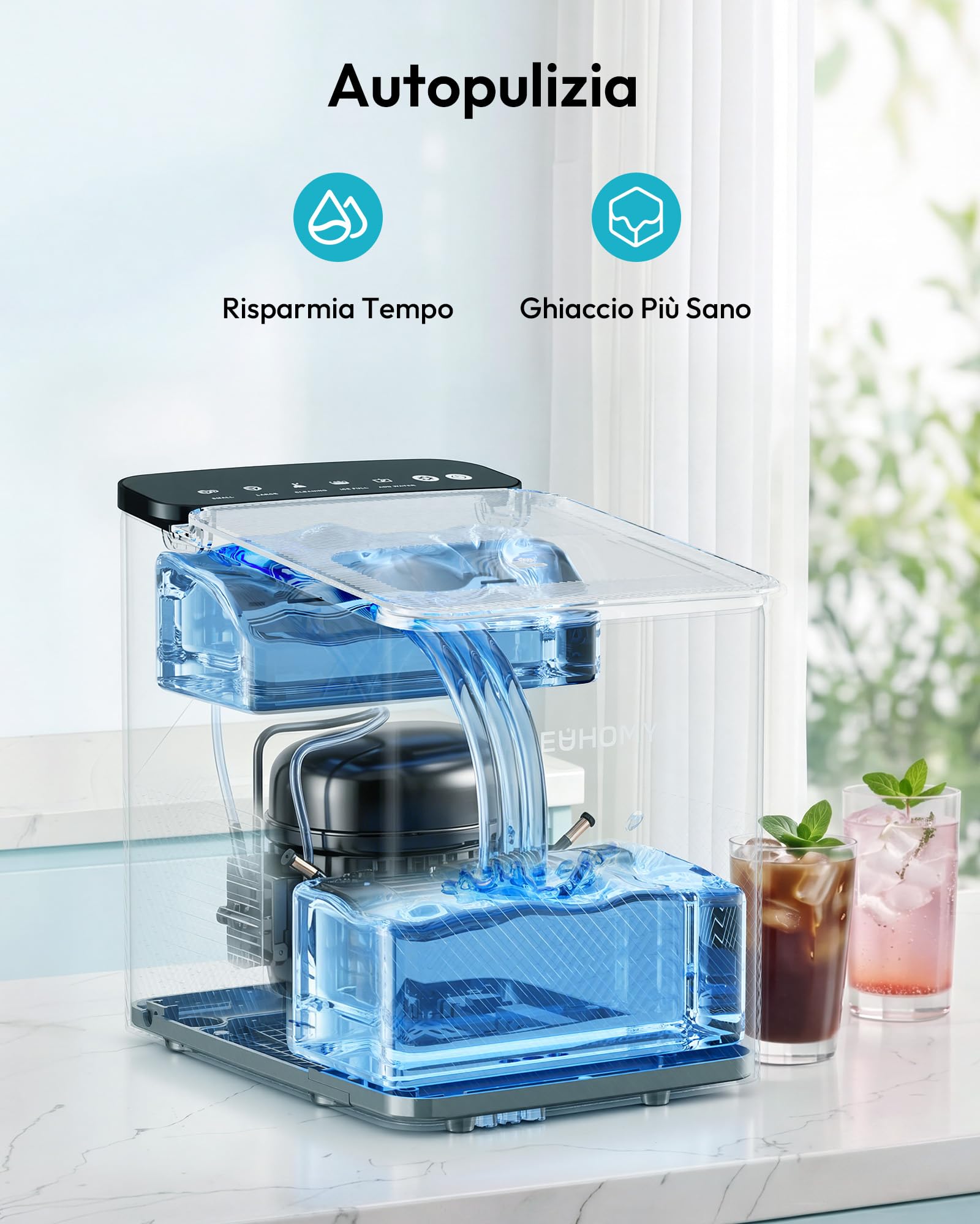 EUHOMY Macchina per il Ghiaccio Casa: 12KG/24H, 9 Cubetti di Ghiaccio in 2 Dimensioni, Macchina del Ghiaccio Autopulente con Paletta/Cestello, per Cucina/Ufficio, Nero