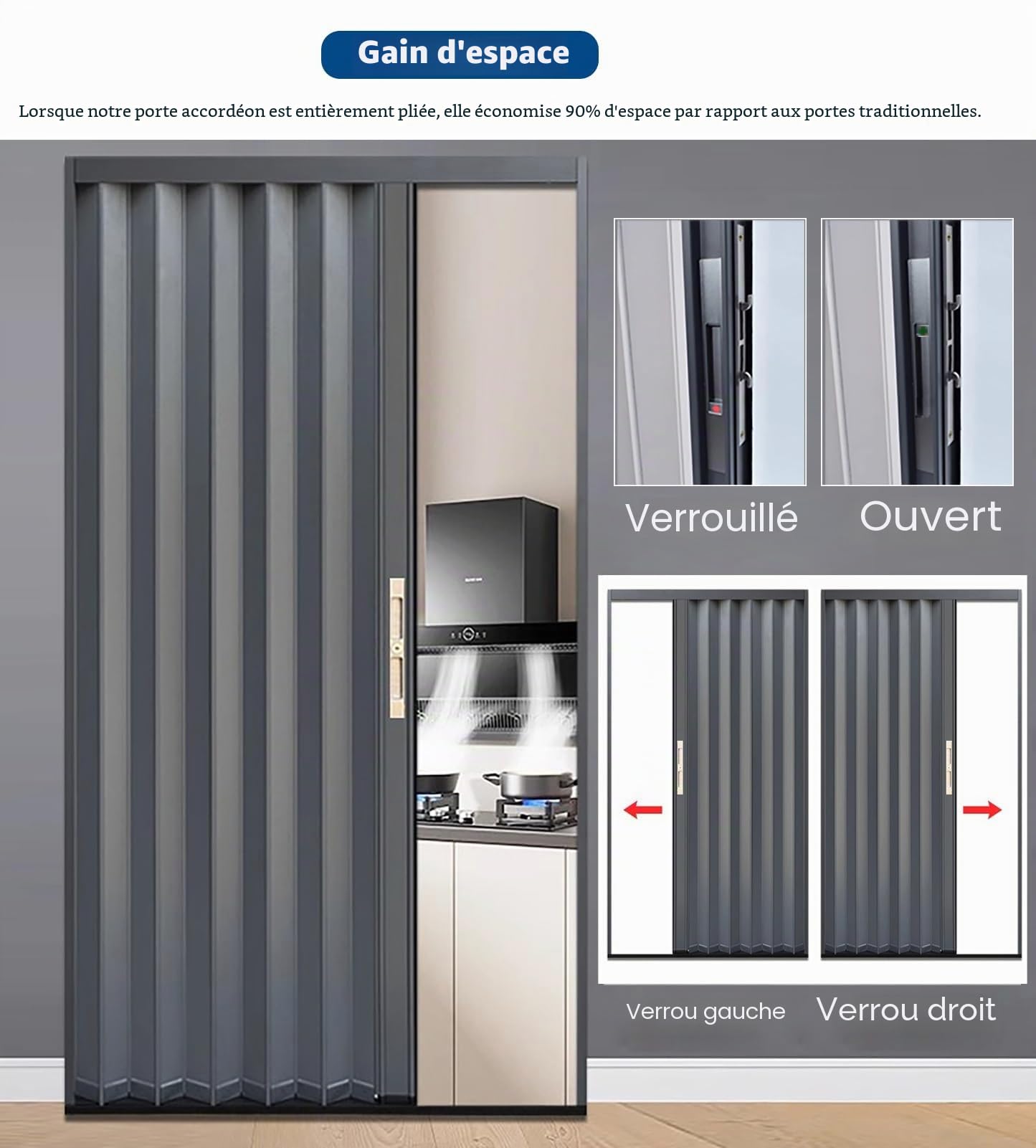 Porte Accordéon Intérieure Extérieure en Aluminium Grise de Jievmrs, Moustiquaire Coulissante Pliable avec Cadre et Rail, Kit de Quincaillerie pour Porte Multifonctionnelle de Chambre / Cave / Garage