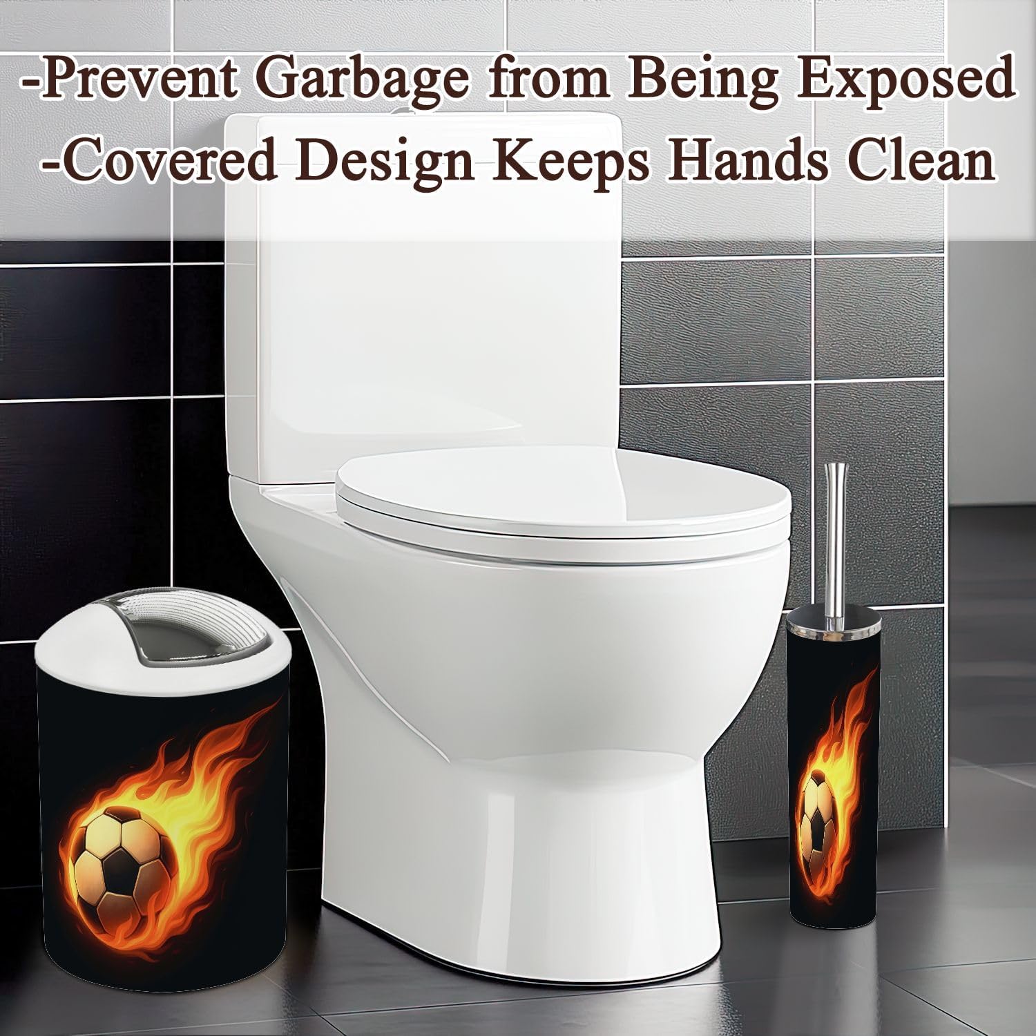 6 Piece Bathroom Accessories Set Raster Version Soccer Ball Fire Black Trash can Toilet Brush Holder Toothbrush Holder Toothbrush Cup Soap Dispenser Soap Dish Boho