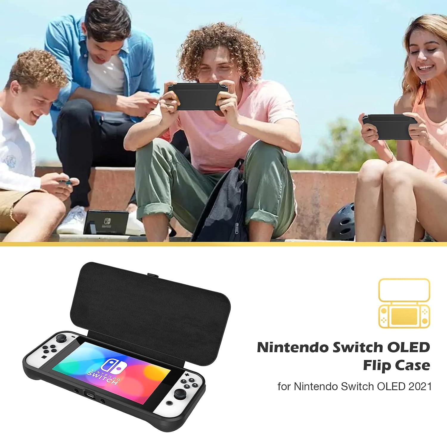 ProCase Flip Cover for Nintendo Switch OLED Model 2021 with 2 Screen Protectors, Switch OLED Protective Case with Magnetically Detachable Front Shell -Black