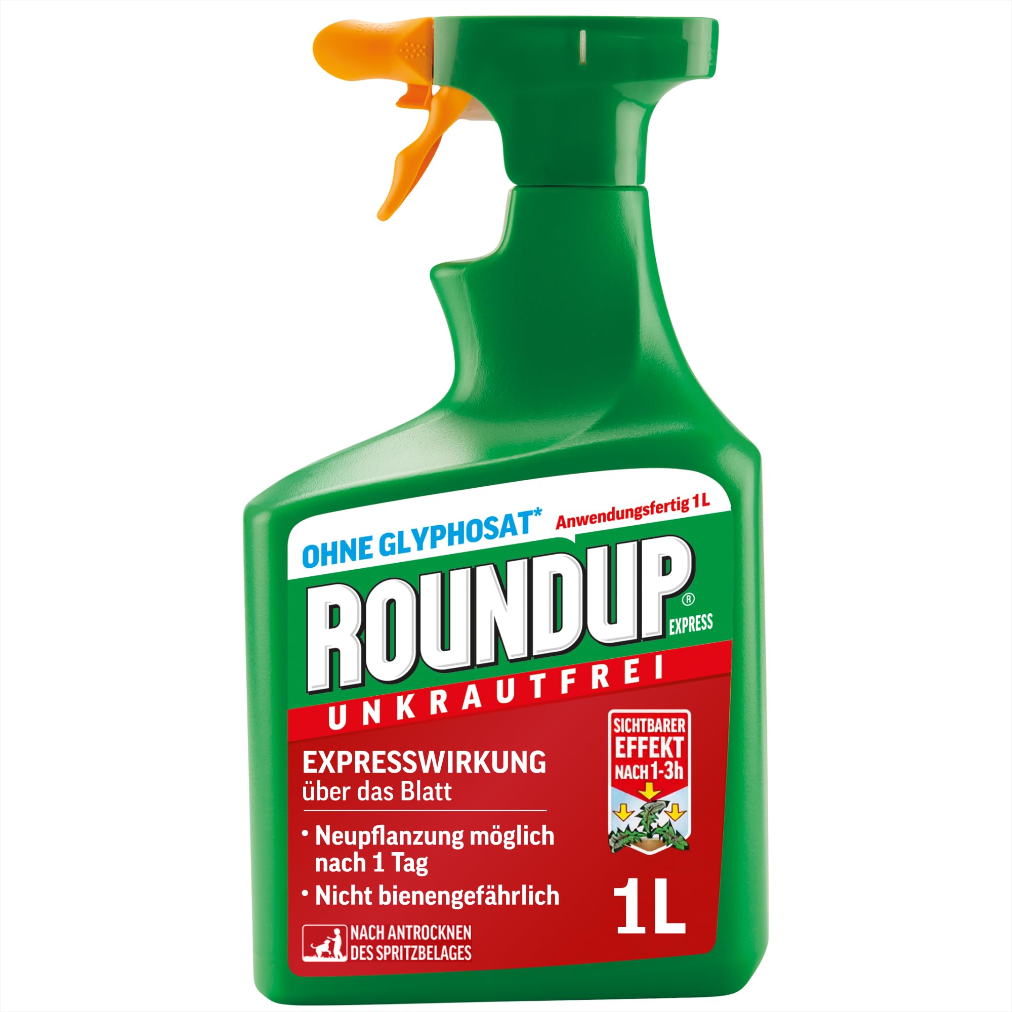 Roundup Unkrautfrei Express, 1 Liter Sprühflasche, Unkrautvernichter, zur Bekämpfung von Unkräutern, Gräsern und Moos