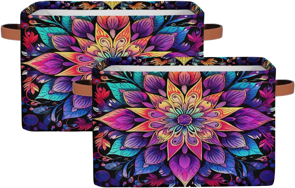 Colorful Mandala Storage Basket Bin Ethnic Boho Flower Storage Cube Box with Handles Large Foldable Toys Organizer Room Decor for Nursery Bedroom, 2 PCS