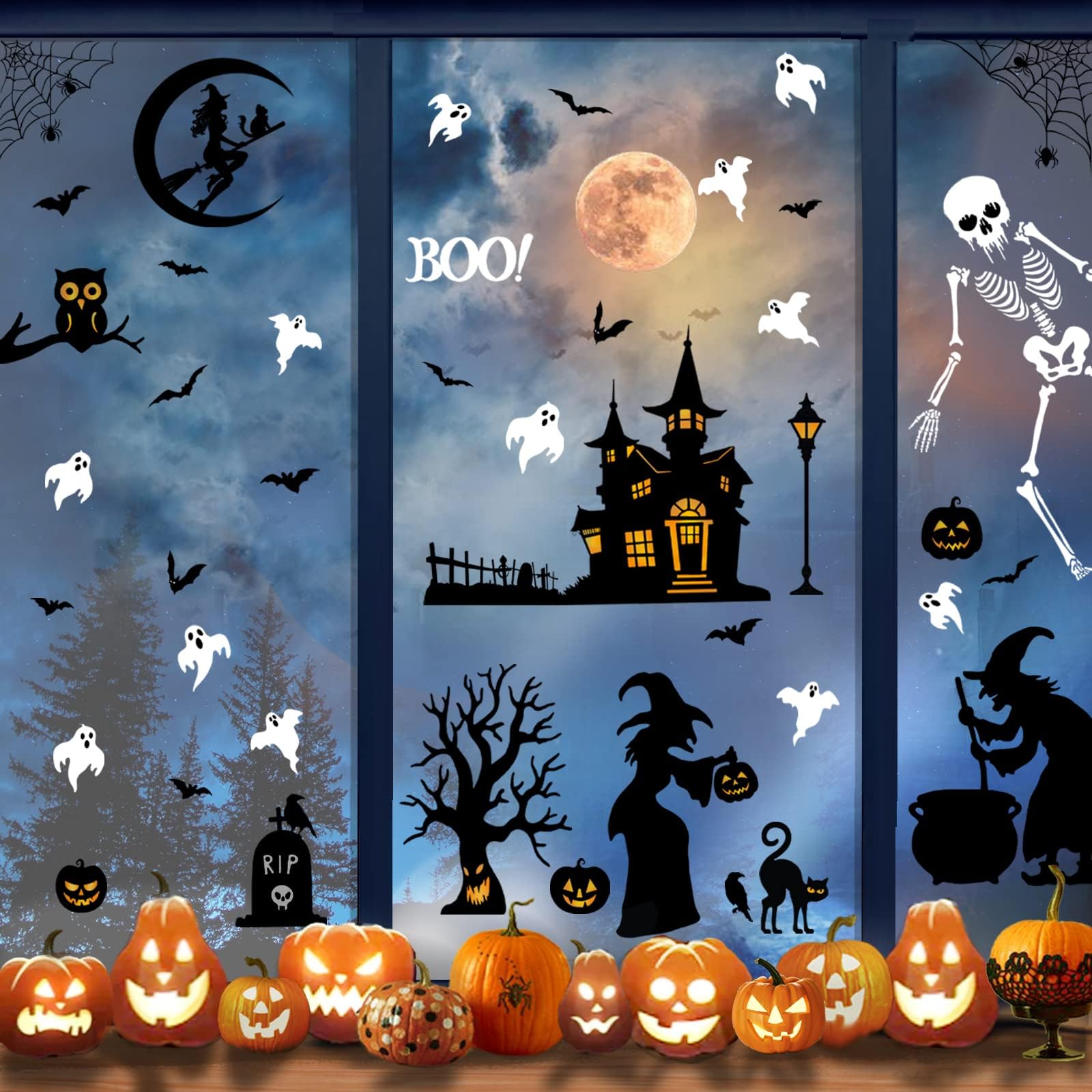 Halloween Decorations,Halloween Window Stickers,Bat Ghost Spider Window Stickers, Double Sided Printed Decals for Scary Decorations Party Supplies Accessories
