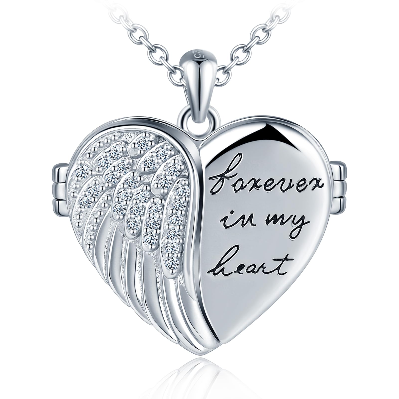 Collana Personalizzata Foto Ciondolo a Cuore con Ali in Argento 925, Medaglione Portafoto con incisione Gioielli di Memoria per Donna