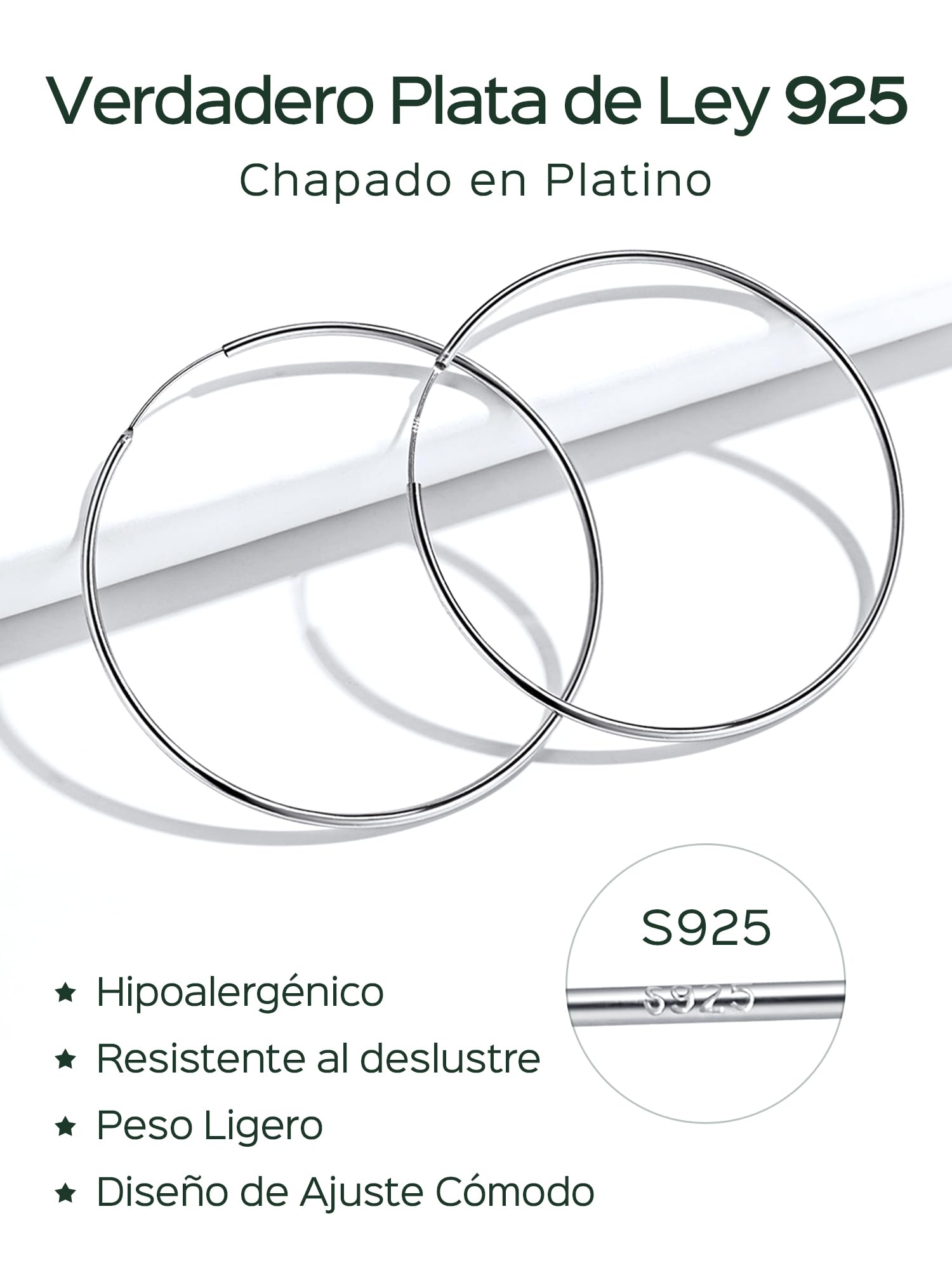 ChicSilver Plata 925 Pendientes Aros Mujere Finos 15/20/30/40/50/70 MM | Material Plata de Ley Aretes Planos Hipoalergénicos Oreja Joyerías Deliciosas Regalo