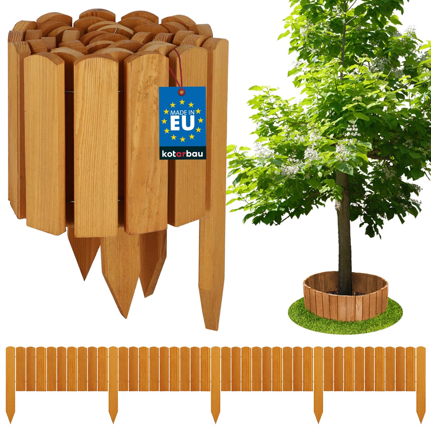 KOTARBAU® Lawn Edging - Garden Edging Border - Pine Wood - 200x20 cm (78.7x7.9 inches) - Oak Colour - Flexible Log Roll Border - Wooden Mini Fence - Garden Decoration