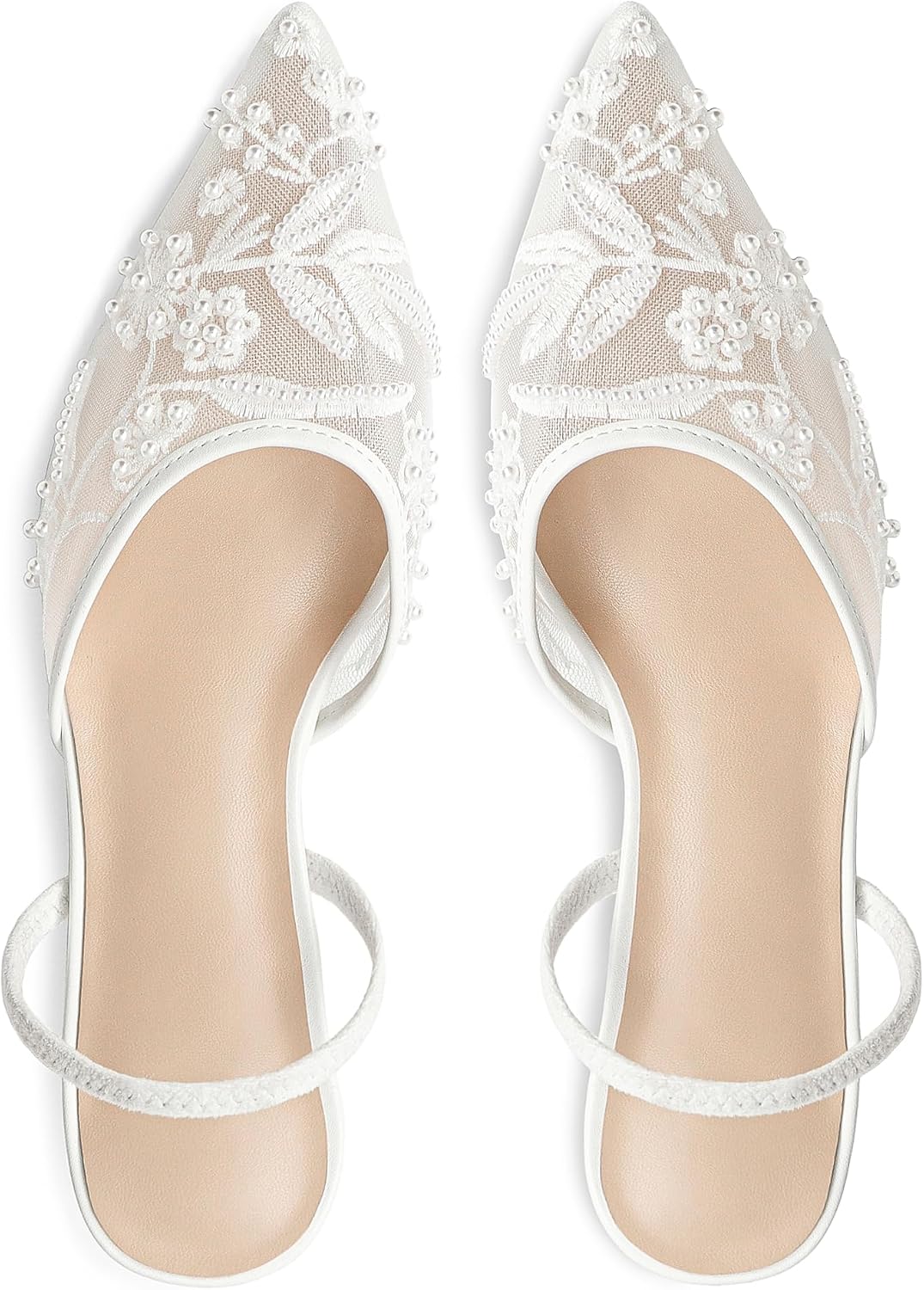 Embroidered Kitten Heels for Women Pointed Toe Mesh Floral Slingback Heeled Sandals With Pearl Slip On Backless Bridal Wedding Sandals Shoes