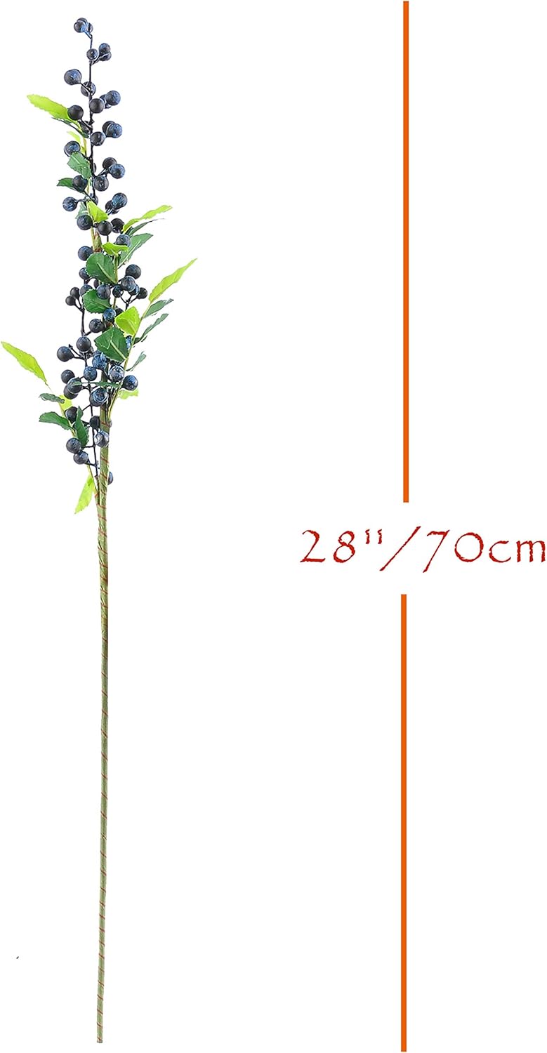 6pcs Artificial Berry Branches, 28 Inch Long Stem Faux Berry Picks with Green Leaves for Tall Vase Arrangements, Centerpieces, and Home Decorations,Blue Berry