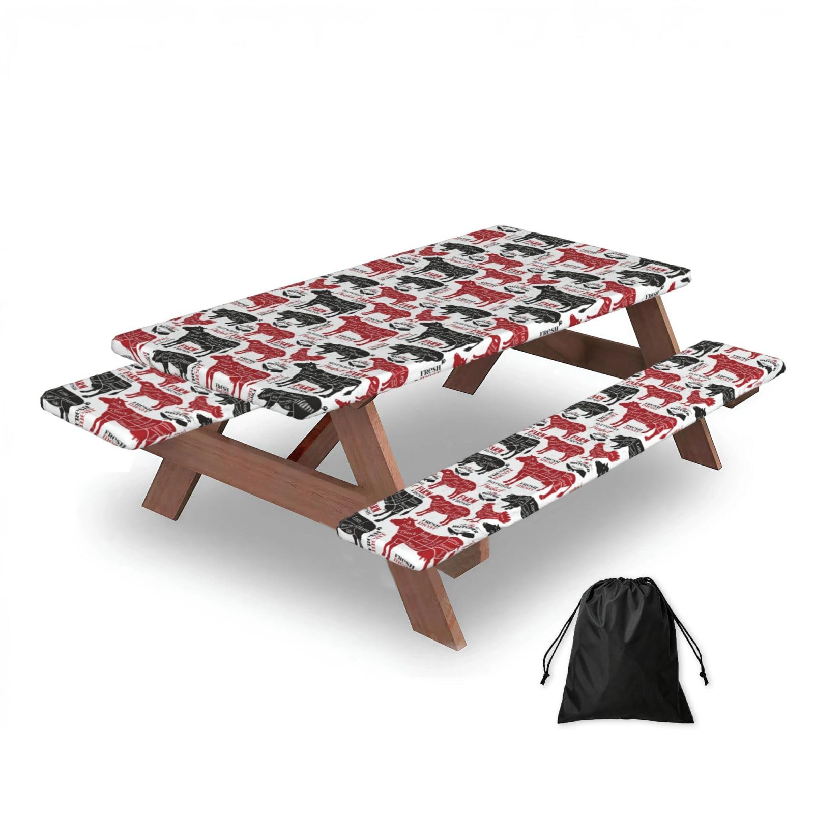 Dopklna As Picture Meat Cuts Diagrams Butcher Shop, Picnic Table Cover With Bench Covers -Waterproof Elastic Fitted Tablecloth For Garden Camping Patio 76X152cm