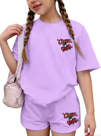 Girls 2 Piece Summer Outfits Cute Graphic Short Sleeve T-Shirt and Elastic Waist Shorts Set