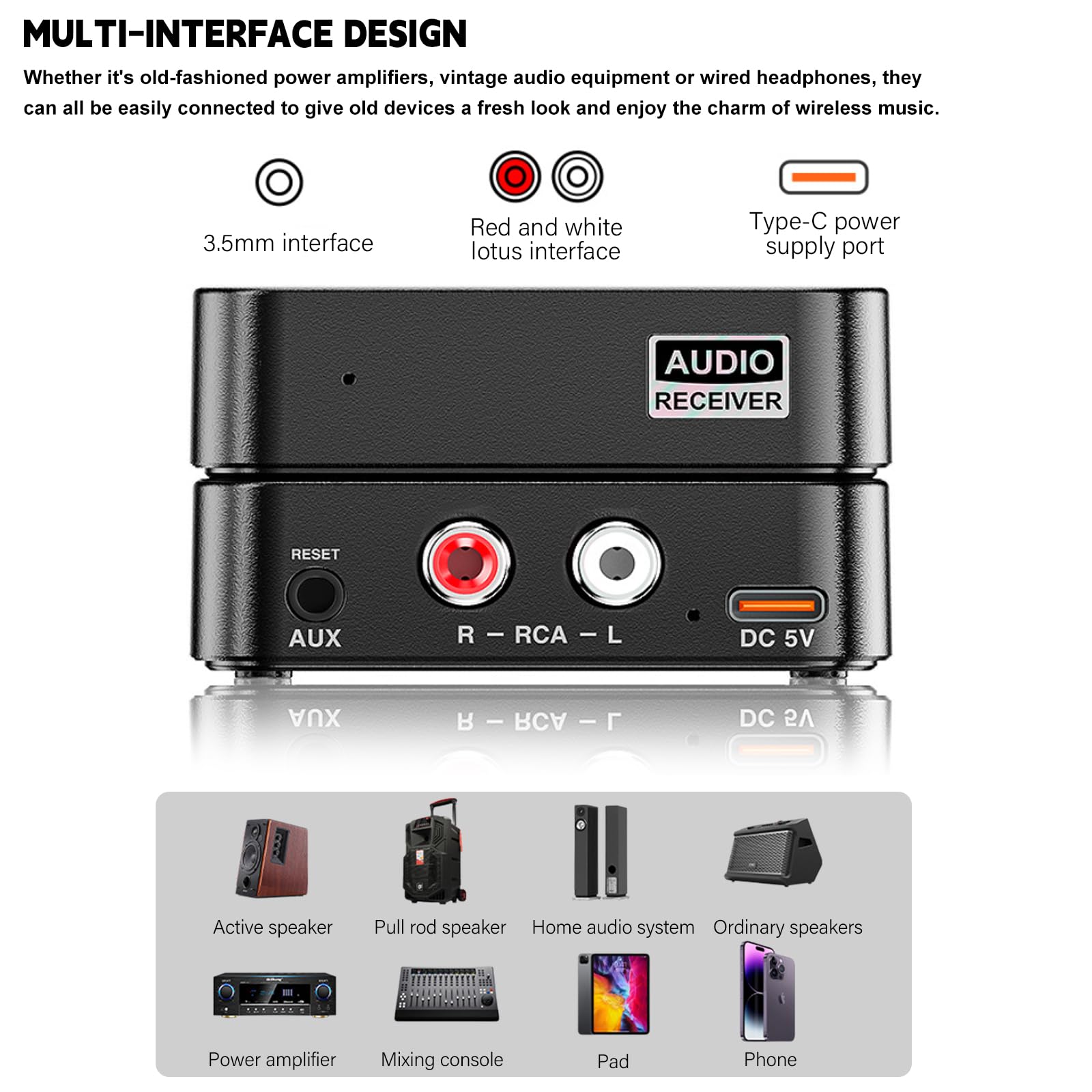 Receptor Bluetooth 6.0 con conector jack de 3,5 mm y RCA, adaptador de audio HiFi con modo de graves para estéreo y altavoces, receptor inalámbrico azul para smartphone, tablet y receptor AV