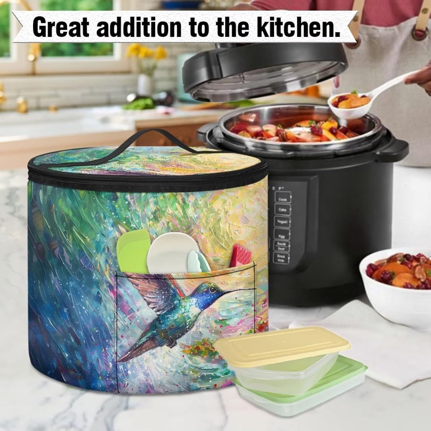 Pressure Cooker Tote Bag Hummingbird Colorful Pressure Cooker Cover Zipper Closure Air Fryer Cover Dust Cover Round Dust Cover Carry Bag for 6 Quart Pressure Cooker Appliance Covers
