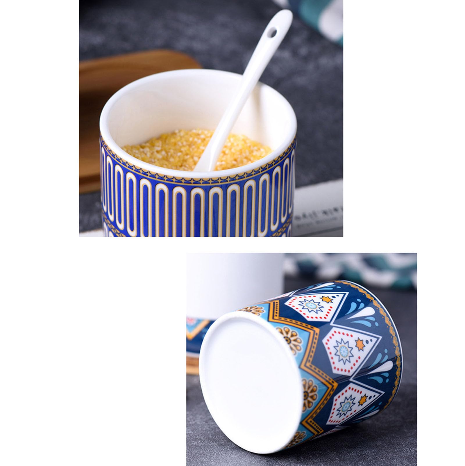 Zuccheriera con Coperchio E Cucchiaio, Barattolo da 250Ml Cucchiaio in Ceramica Stile Bohémien per La Cucina di Casa Piccola Scatola Spezie Vassoio Legno