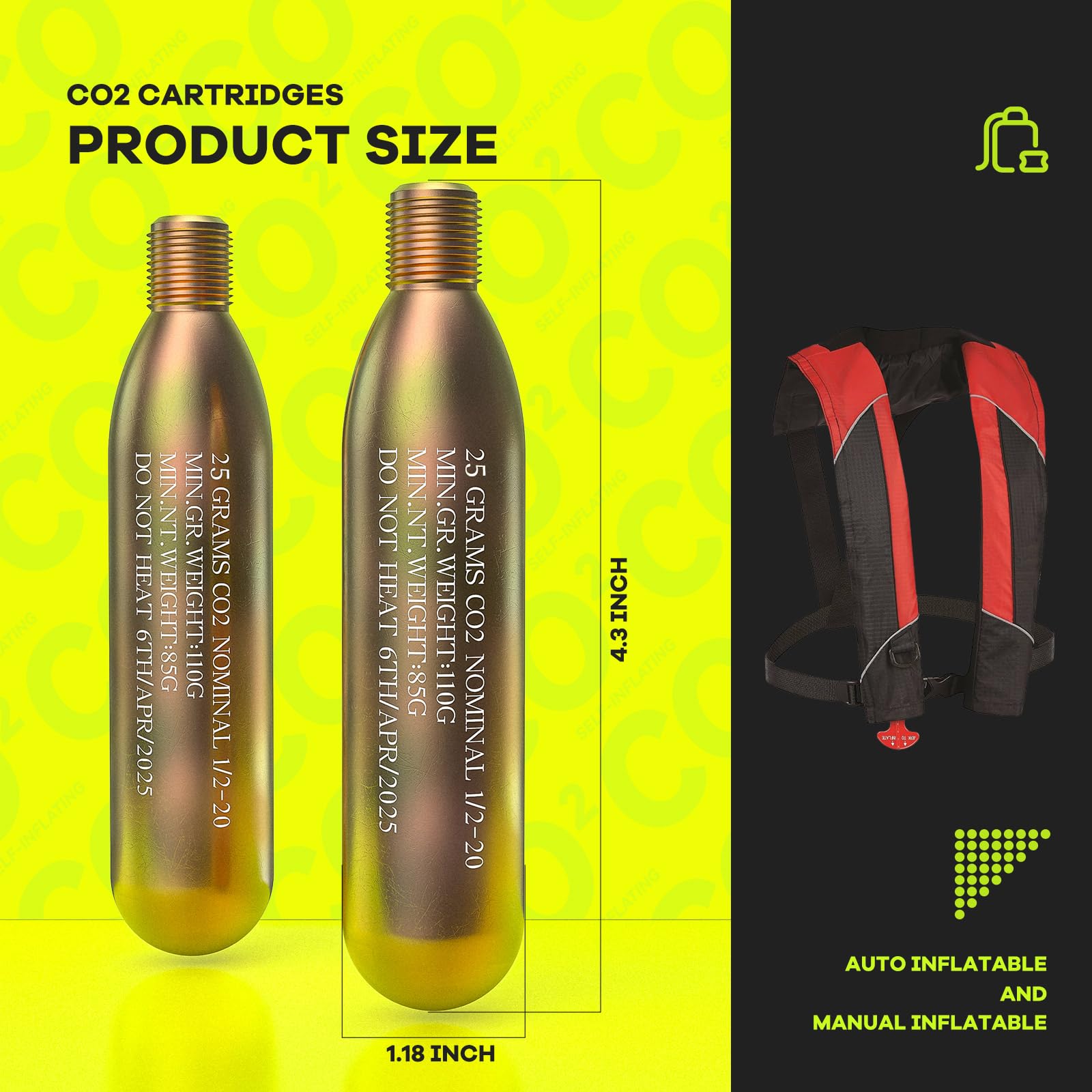 YUZIIB CO2 Cartridge for Life Vest,CO2 Cartridge Replacement for Auto/Manual Life Vests,PFD Rearming Kit,1/2-Inch Thread Refill Cylinder Compatible with Inflatable Jackets & Waist Belt,1PCS