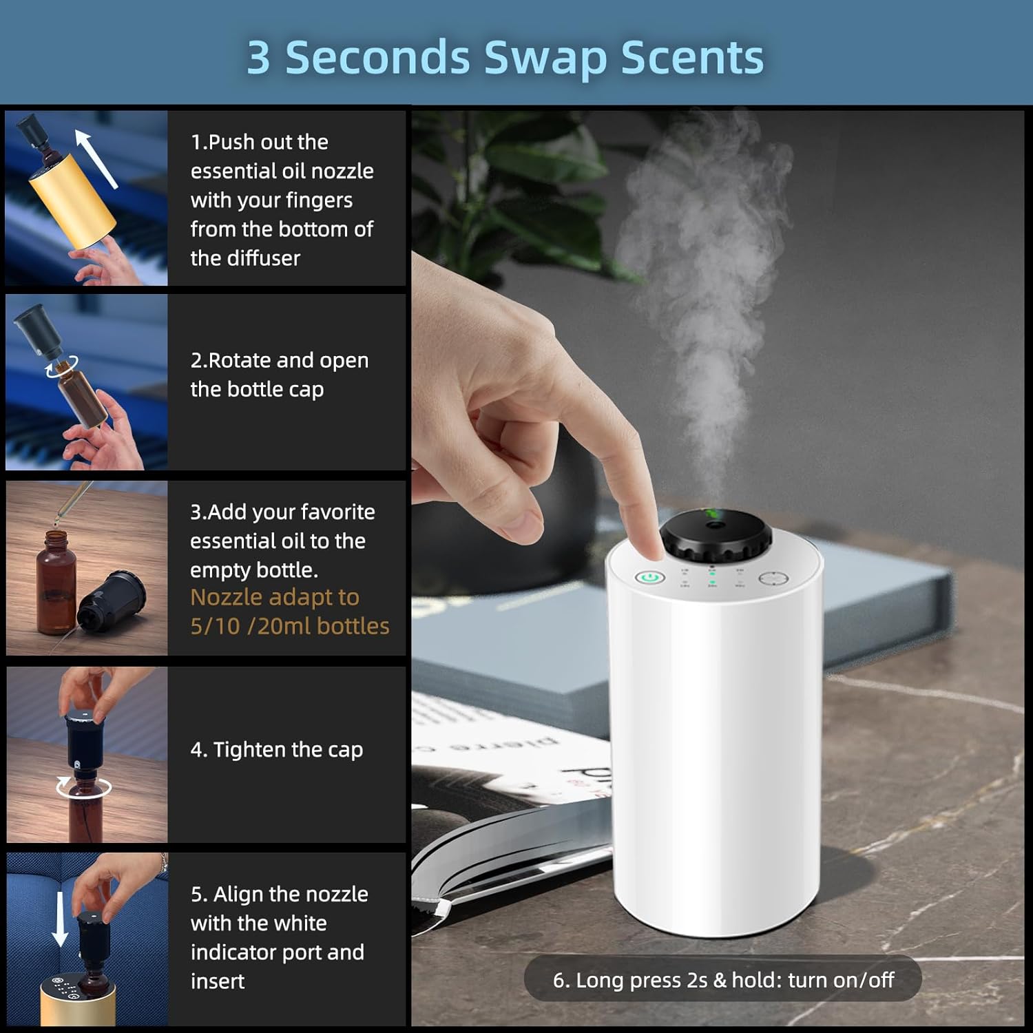 Waterless Essential Oil Diffuser Aromatherapy Scent Diffusers for Home Large Room, Bedroom, Car, Office, Desk, Battery Operated Mini Portable Air Freshener,4 Timers & 3 Mist Levels (White) - Image 7