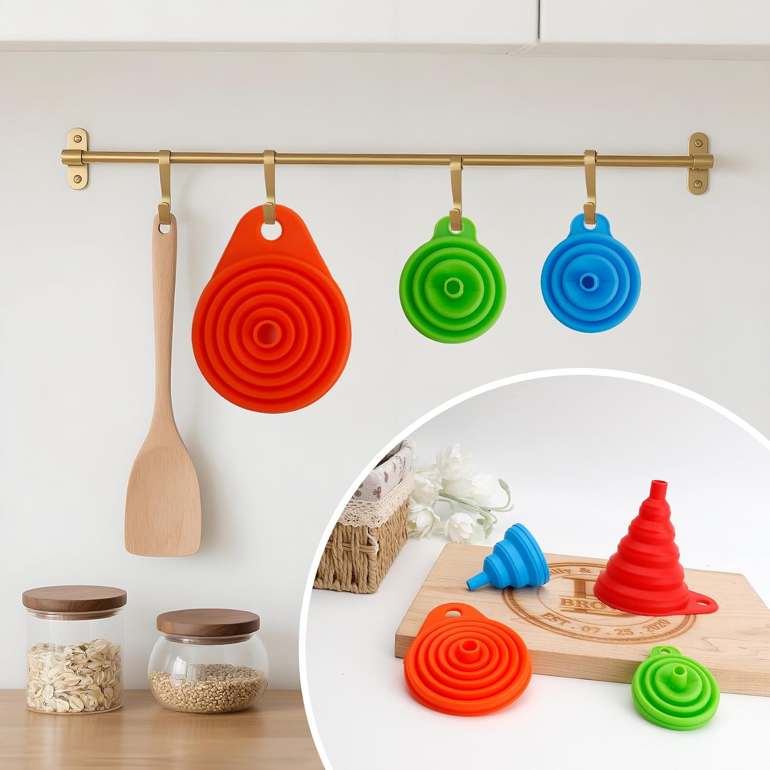 4 Pack Silicone Collapsible Kitchen Funnel for Water Beer Oil Filling Bottles 2 Size Flexible Foldable Mini Small Large Scoop Funnel Set Camp Kitchen Hand Tools Gadgets Accessories Must Have Finds