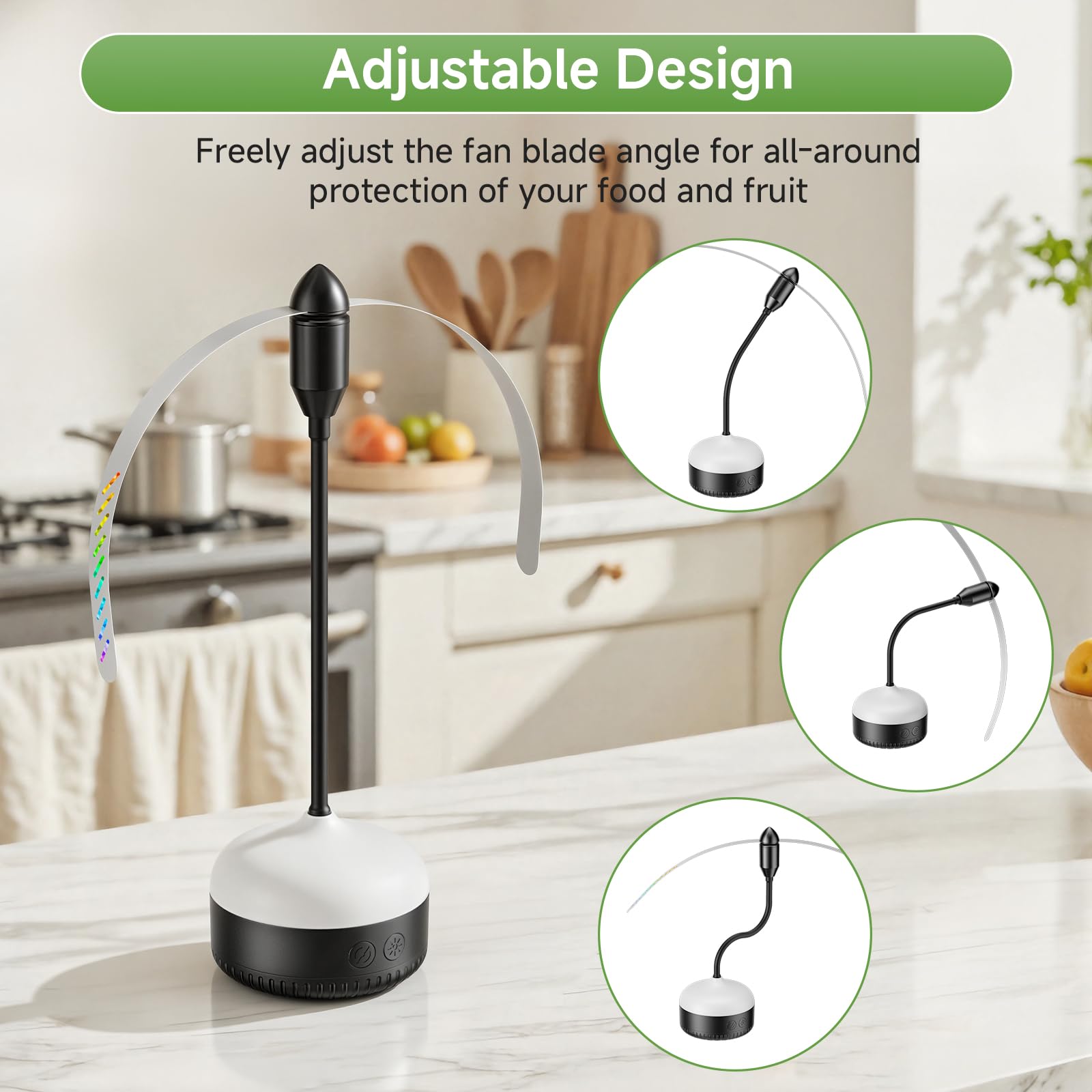 PKBD 2 Pezzi Scacciamosche da Tavolo con LED Bianco Caldo e Pale Morbide | Ventilatore Anti Mosche da Interno Portatile a Batteria, Ideale per Cucina, Terrazza, Campeggio, Nero