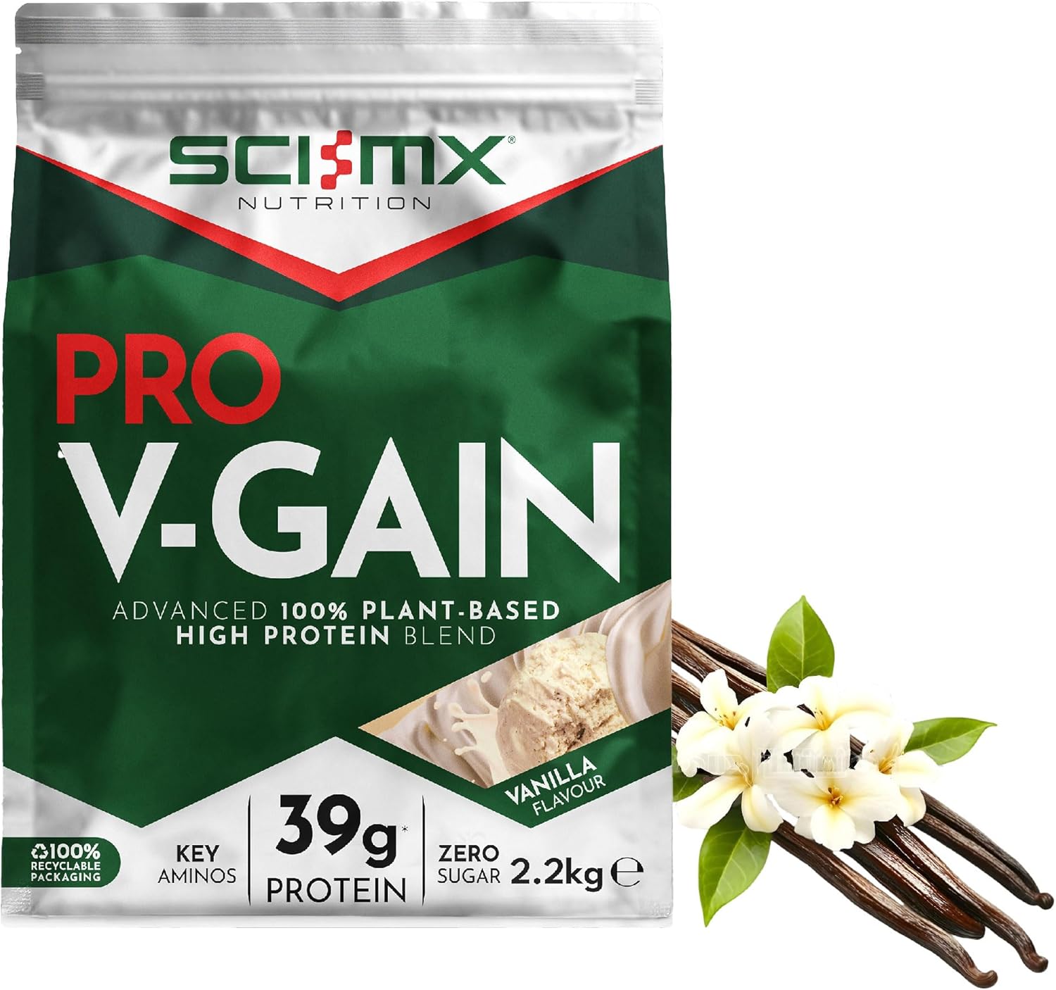 SCI-MX Pro-V Gain – 100% Vegan Vanilla Flavour Soy Protein Powder Isolate + B12 + Magnesium – Muscle Growth & Maintenance – Sugar Free, Non-GMO – 2.2KG (49 servings) 39g of protein per serving